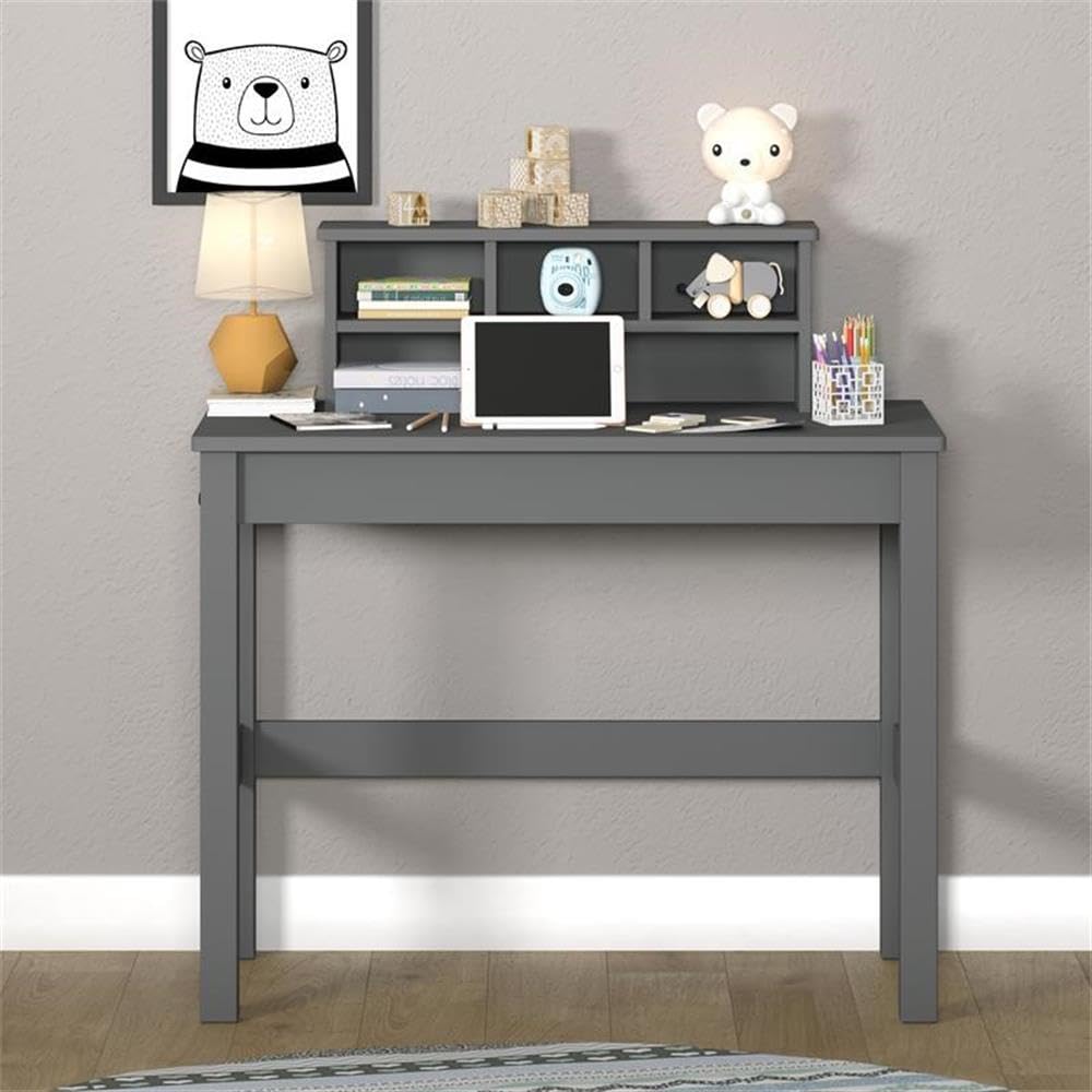 Acme Logan Gray Wooden Rectangular Writing Desk with Hutch & Cable Management Hole - Perfect for Home Office, Study & Workspace Organization