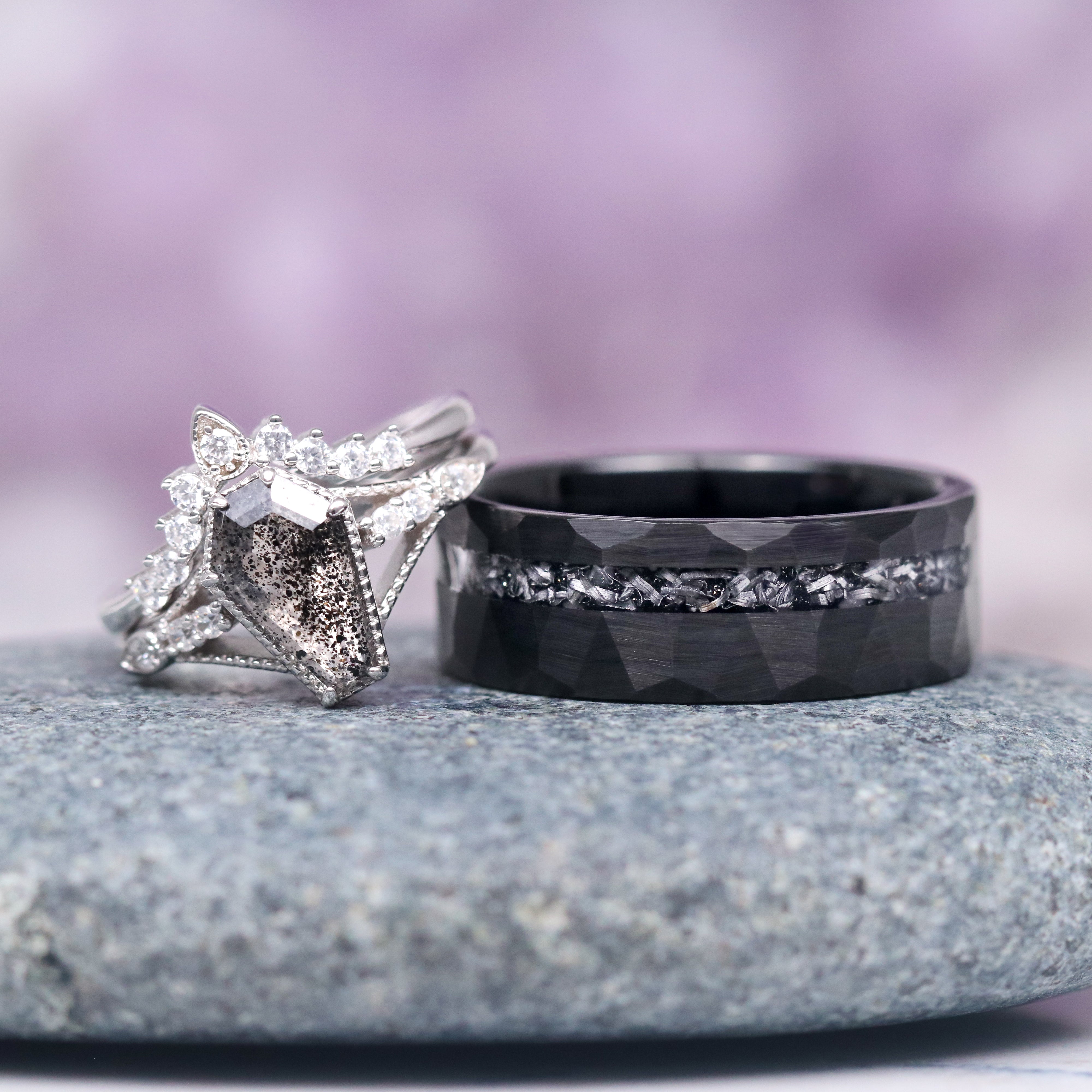 14K White Gold Coffin Cut Salt and Pepper Diamond Ring Set - Herkimer Diamond Engagement & Wedding Band - Perfect for Unique Bridal Jewelry & Anniversary Gifts