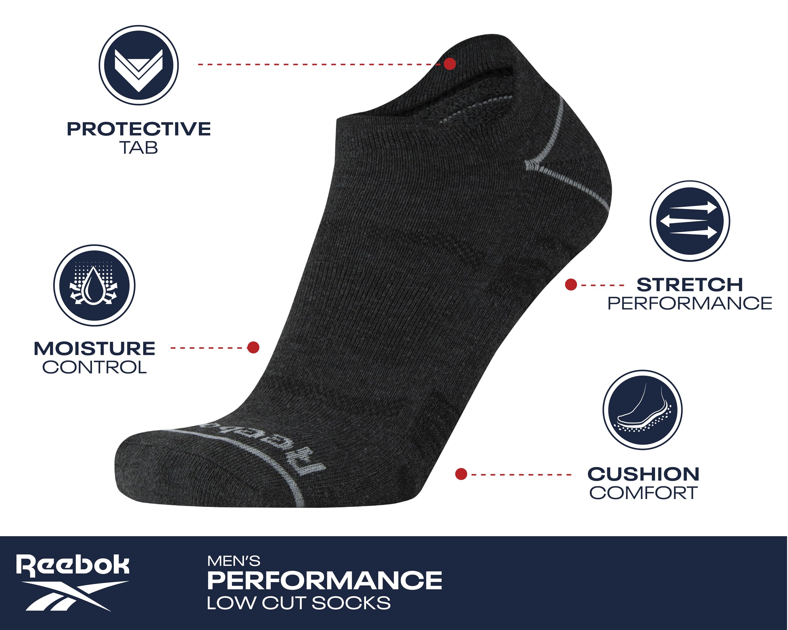 Reebok Men's Low Cut No Show Athletic Socks - 12 Pack Performance Cushion Comfort Socks - Breathable Running & Gym Socks for Men (Shoe Size 6-12.5) - Perfect for Workouts, Sports & Casual Wear