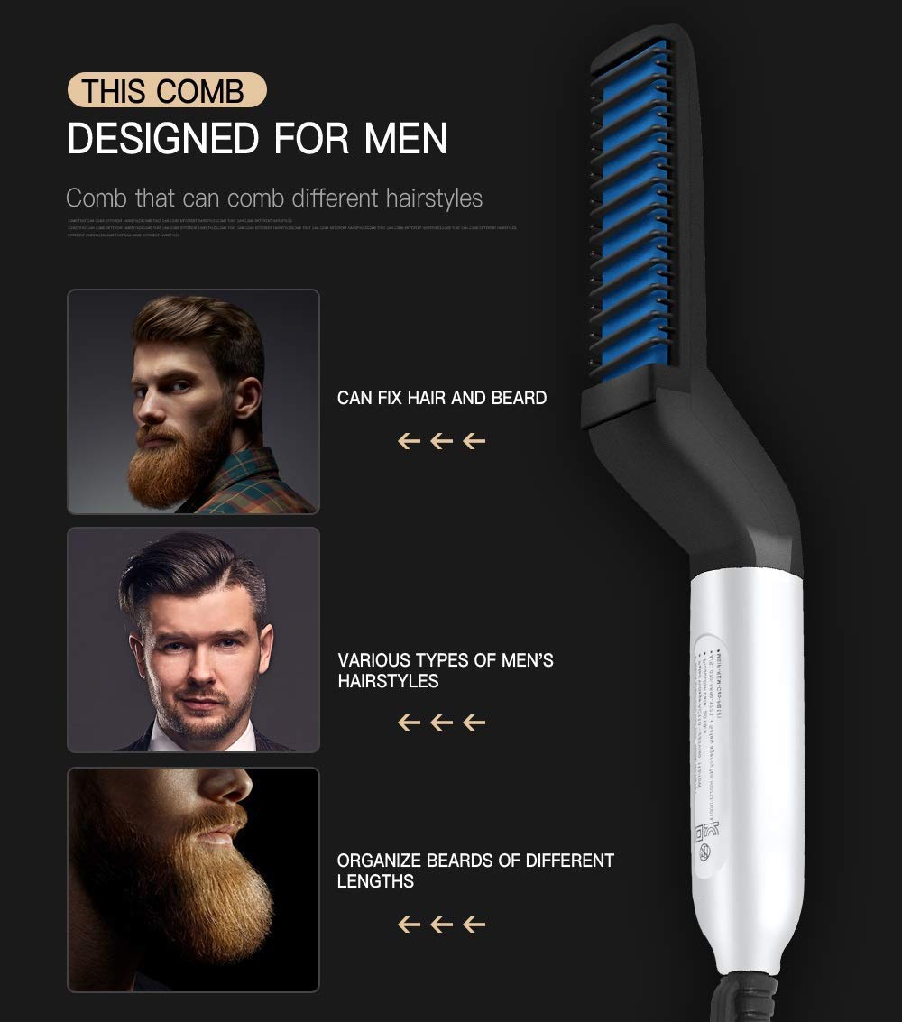 Boriva Quick Hair Styler for Men - Electric Beard Straightener & Massage Comb - Multifunctional Curly Hair Straightening Comb & Curler - Perfect for Beard Grooming, Styling & Hair Care at Home or Travel