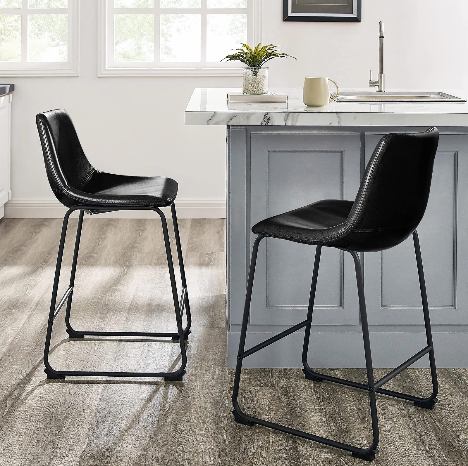 LEMBERI 26 Inch Bar Stools Set of 2 - Modern Counter Height Bar Stools with Faux Leather Upholstery & Metal Legs - Back Support Armless Bar Chairs for Kitchen Island, Breakfast Nook, or Home Bar (Black, 2 Pack)