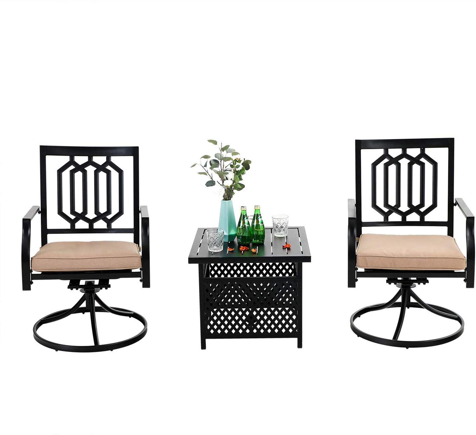 MFSTUDIO 3-Piece Black Wrought Iron Patio Bistro Set with 2 Swivel Chairs & Square Table - Outdoor Dining Furniture with Umbrella Hole for Garden, Yard, or Balcony | Perfect for Small Spaces, Morning Coffee, and Intimate Gatherings