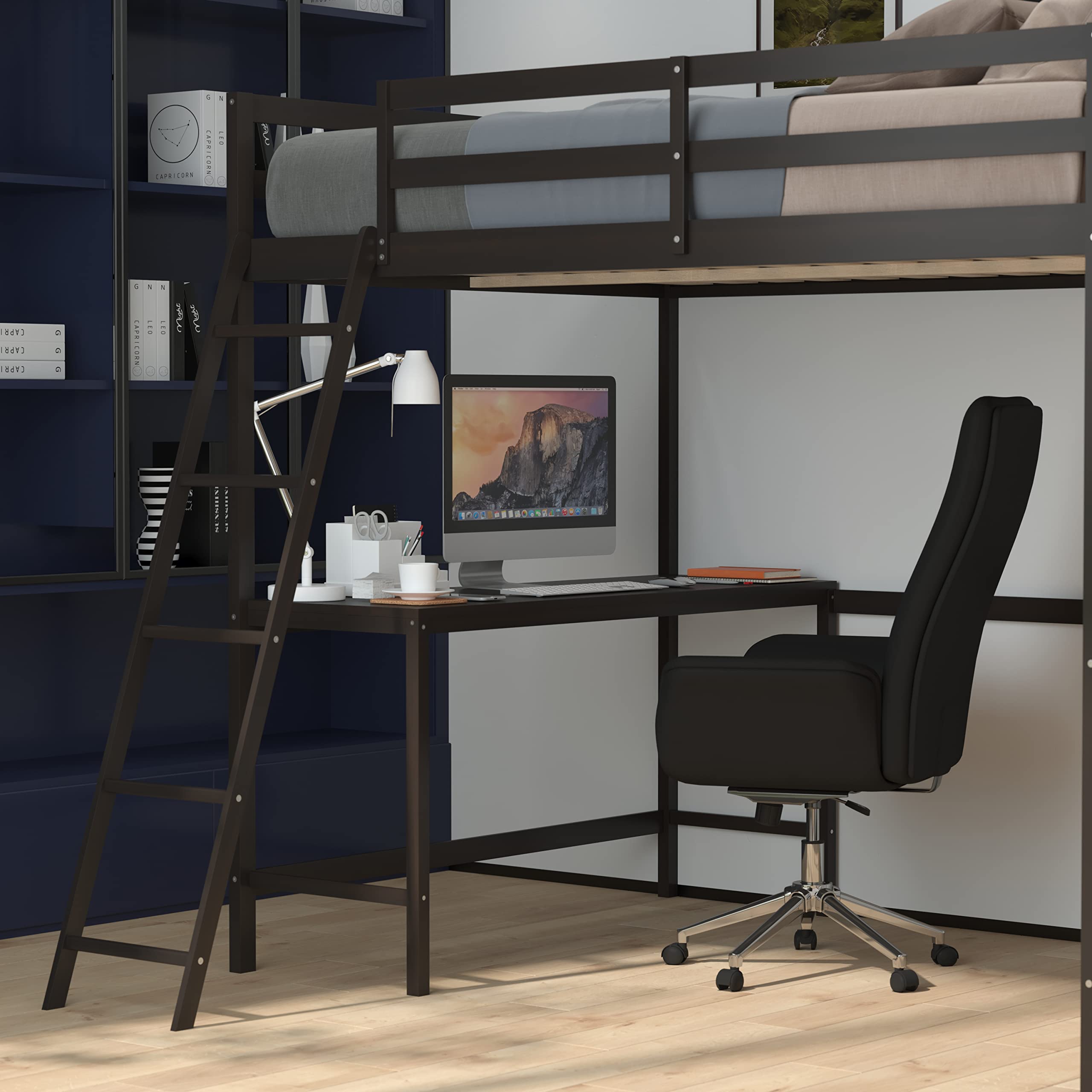 Full Size Loft Bed Frame with Built-in Desk & Ladder - Espresso Wood Slats with Protective Guard Rails - Space Saving Kids & Teens Bed - Perfect for Small Bedrooms, Dorms, and Studio Apartments