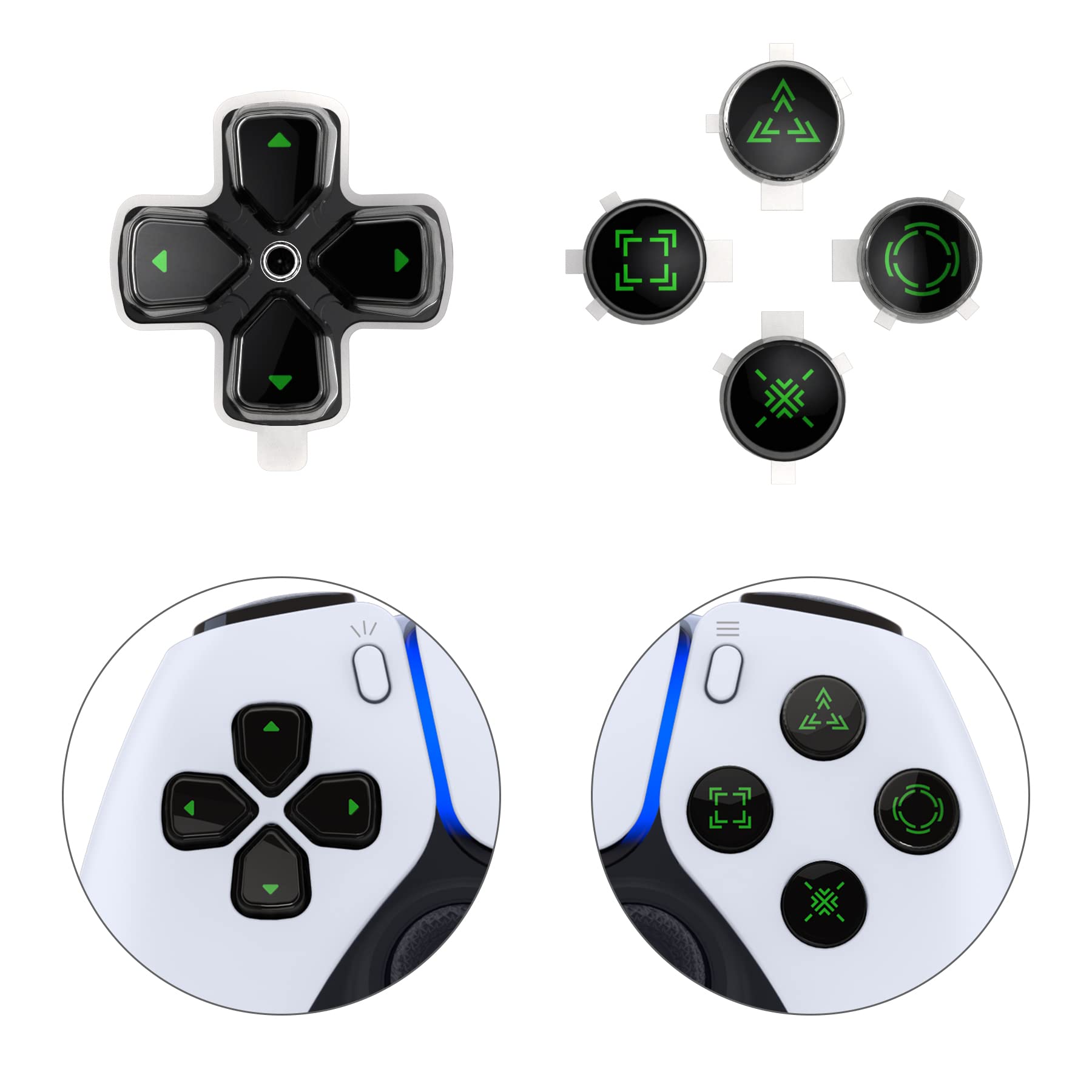 eXtremeRate Custom D-Pad Replacement Buttons for PS5 Controller - Black & Clear Three-Tone with Redesigned Green Symbols | Enhanced Gaming Performance for FPS, Fighting & Action Games