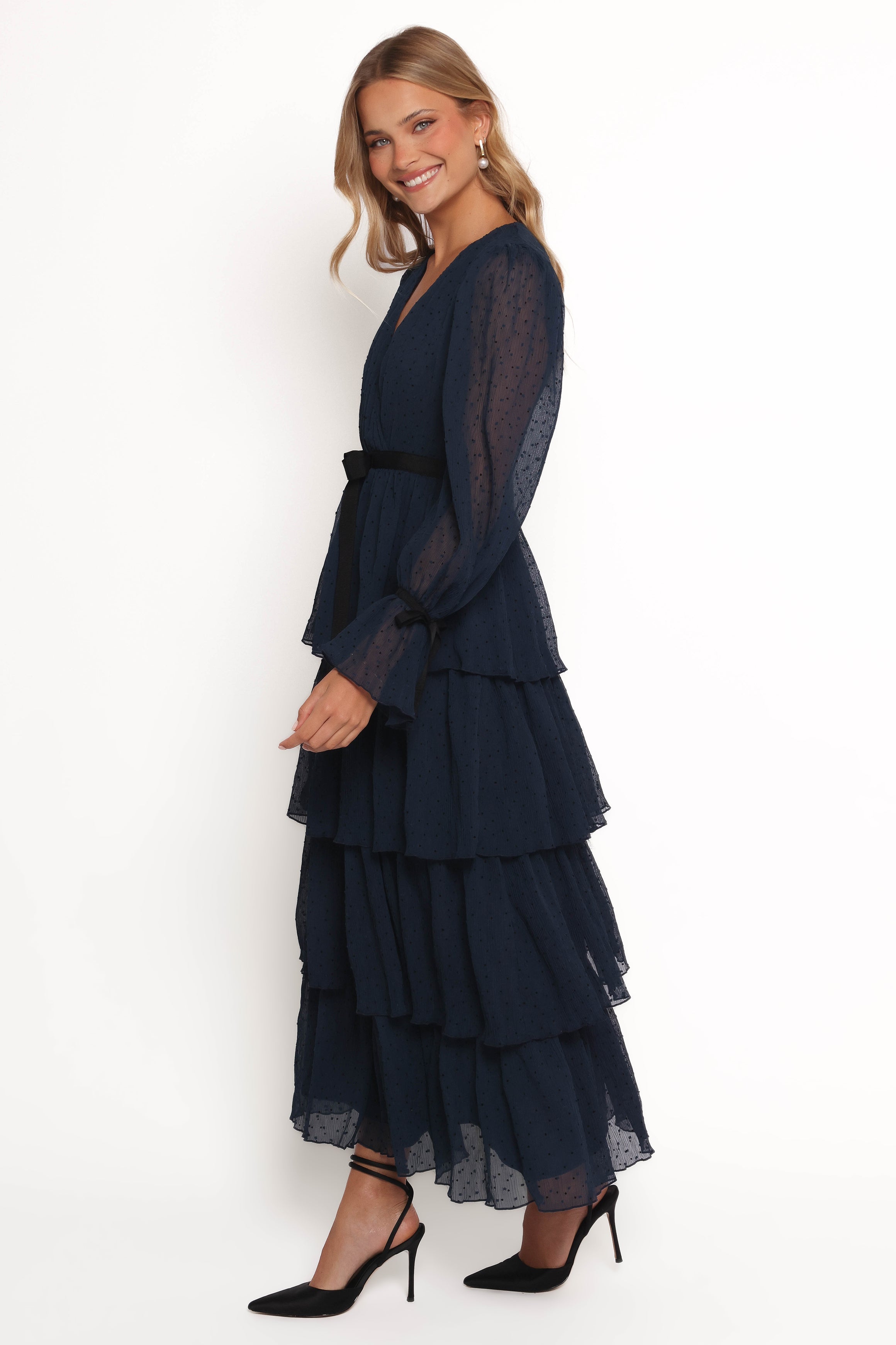 Antoinette Women's Long Sleeve Tiered Maxi Dress in Navy Blue - Perfect for Casual Outings, Date Nights & Fall Weddings