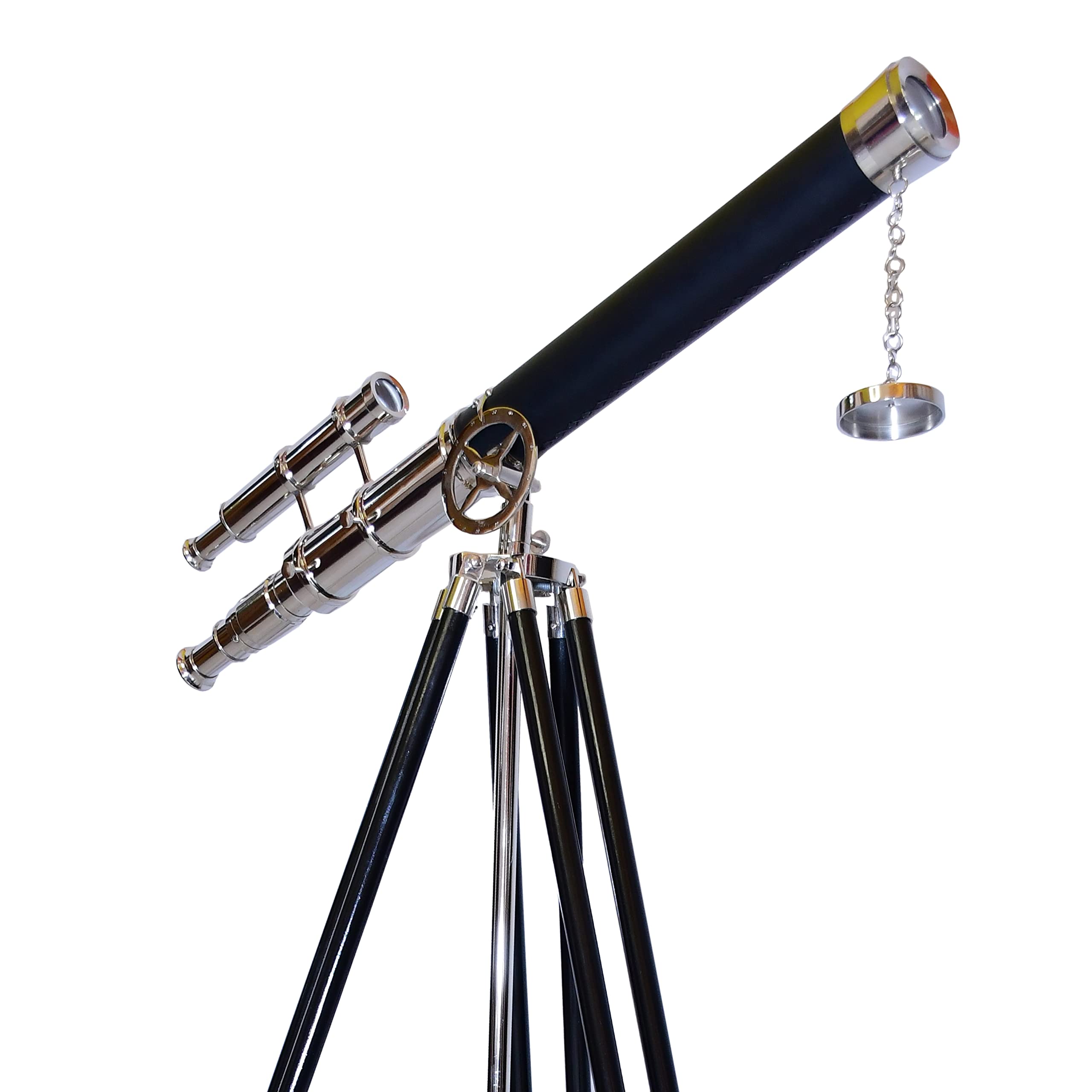 Nautical Brass Nickel Double Barrel Telescope with Black Wooden Tripod - Brass Floor Standing Telescope for Stargazing & Marine Navigation | NAVIROCK