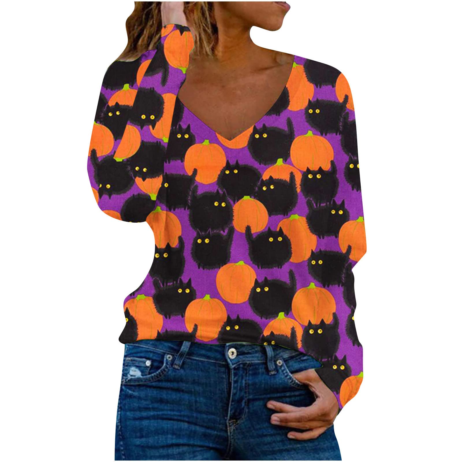 Women's Casual V-Neck Printed Tops - Sexy Blouses & Shirts for Teen Girls - Halloween Party Outfit & Everyday Wear