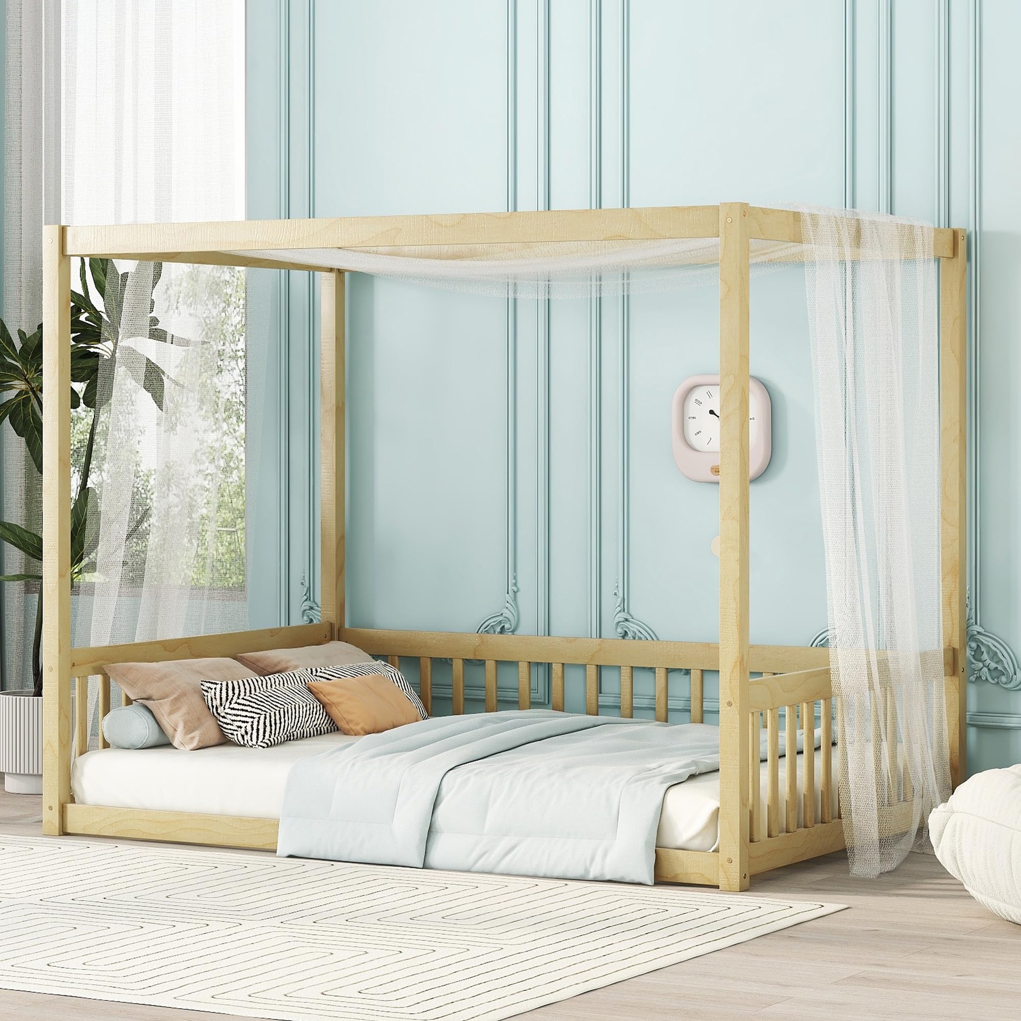 Montessori Full Size Canopy Bed Frame with Guardrails for Kids - Solid Wood Four Poster Floor Bed for Toddlers & Children (Girls/Boys, Natural Wood) - Perfect for Bedroom Decor, Playroom & Montessori Learning Environments