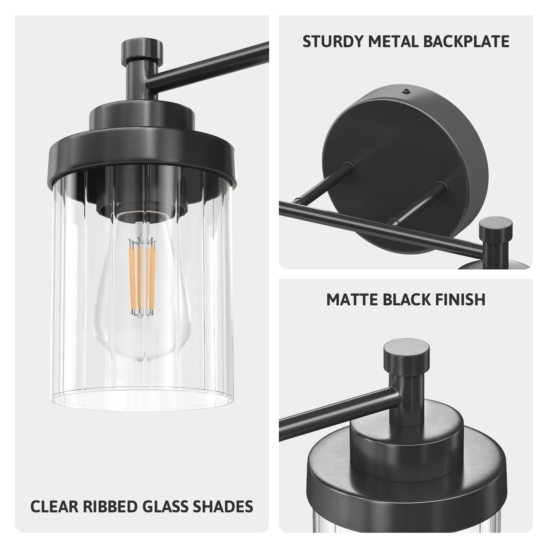Black Bathroom Vanity Lights 2-Light Over Mirror with Glass Shades for Modern Bathrooms