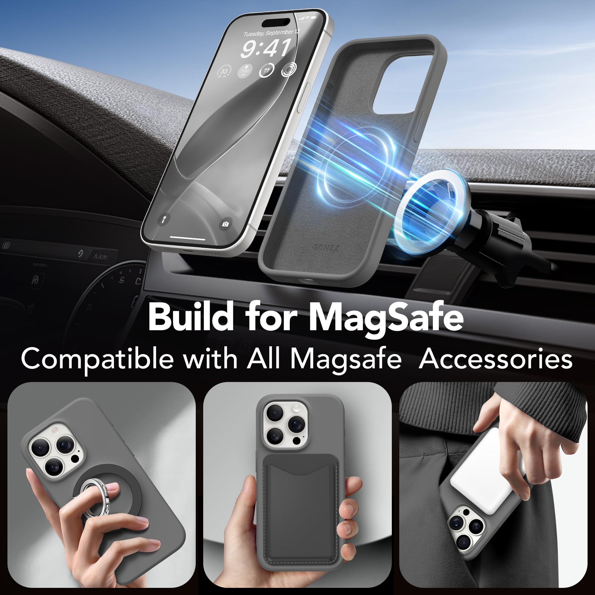 GONEZ iPhone 15 Pro Max Case with MagSafe Compatibility - Liquid Silicone Shockproof Cover with Camera & Screen Protector, Anti-Scratch Microfiber Lining (Grey) | Perfect for Everyday Protection & Wireless Charging
