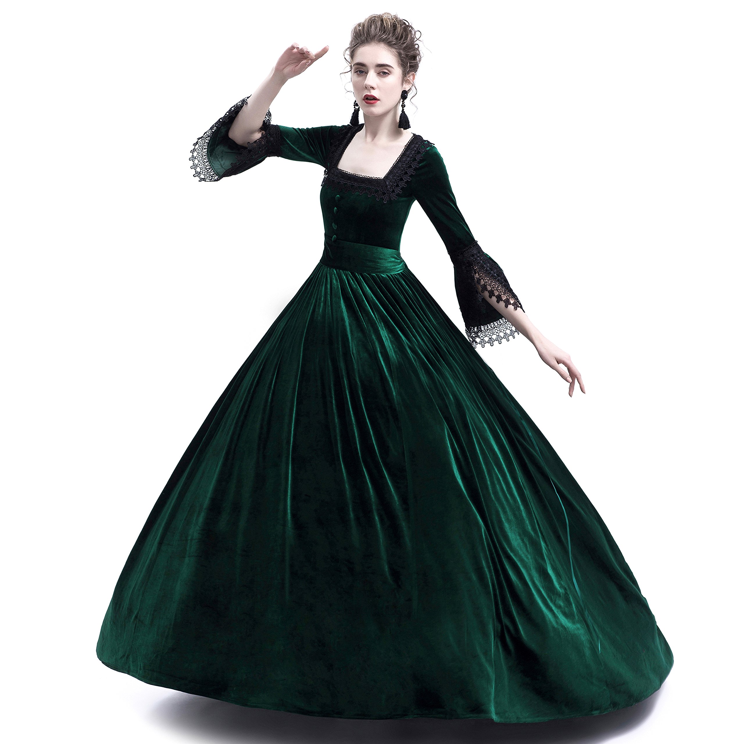 Velvet Marie Antoinette Queen Theatrical Victorian Ball Gown Tea Party Dress - XS Green | Elegant Historical Costume for Renaissance Fairs, Cosplay & Themed Events