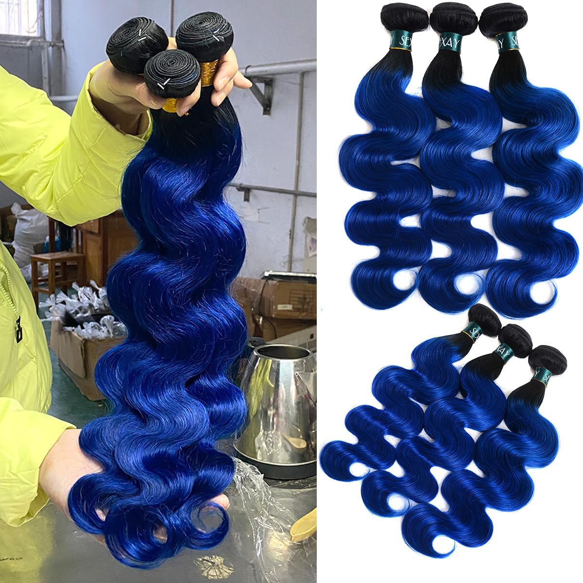 Ombre Hair Bundles 1B/Blue - Brazilian Remy Human Hair Extensions - Body Wave 2-Tone Ombre (16