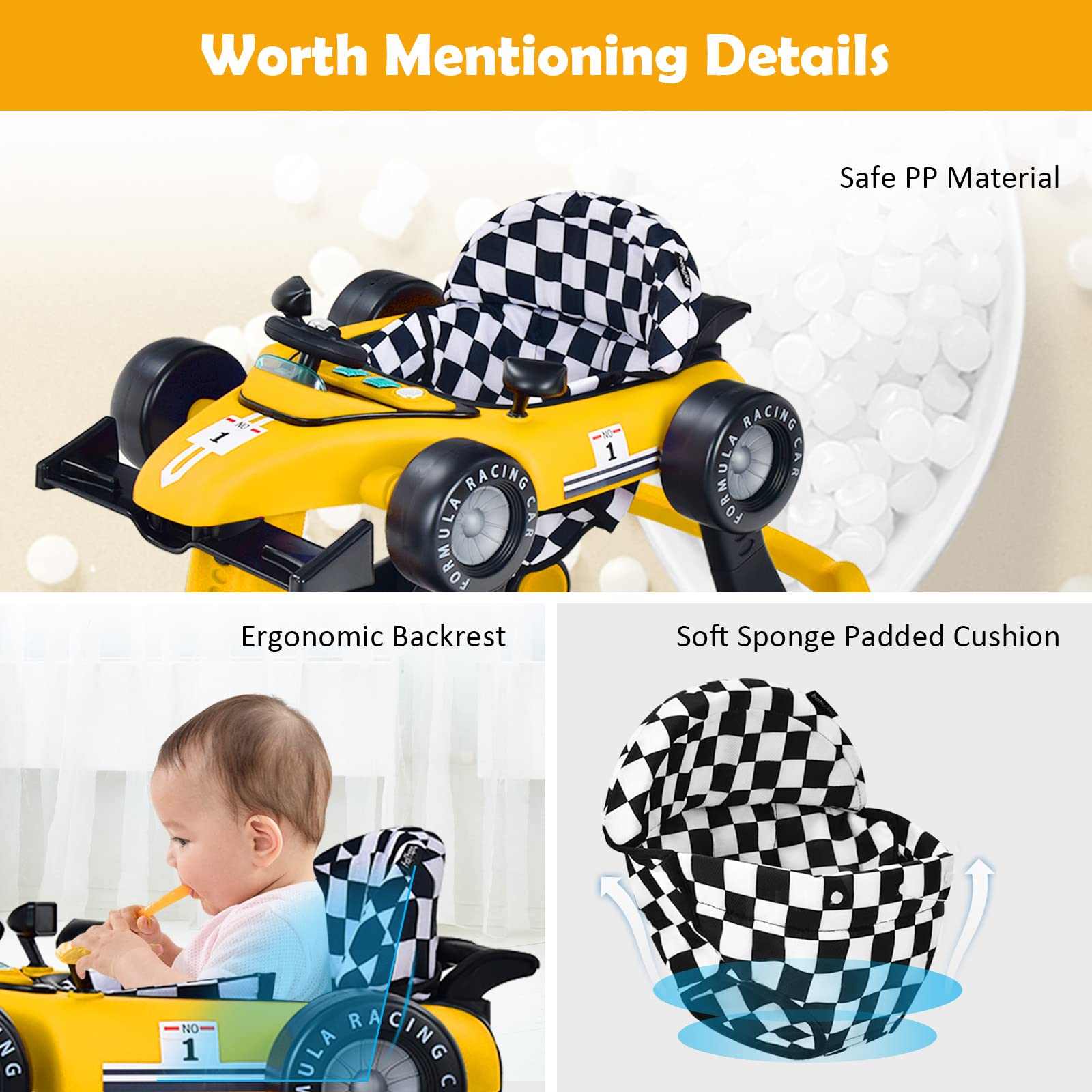 **HONEY JOY 4-in-1 Baby Walker & Activity Push Walker – Adjustable Height (3 Levels), Smooth Wheels with Speed Control, Padded Seat, Music & Lights, Foldable – Ideal for Boys & Girls 6+ Months (Yellow) – Perfect for Learning to Walk, Playtime & Indoor Exploration**