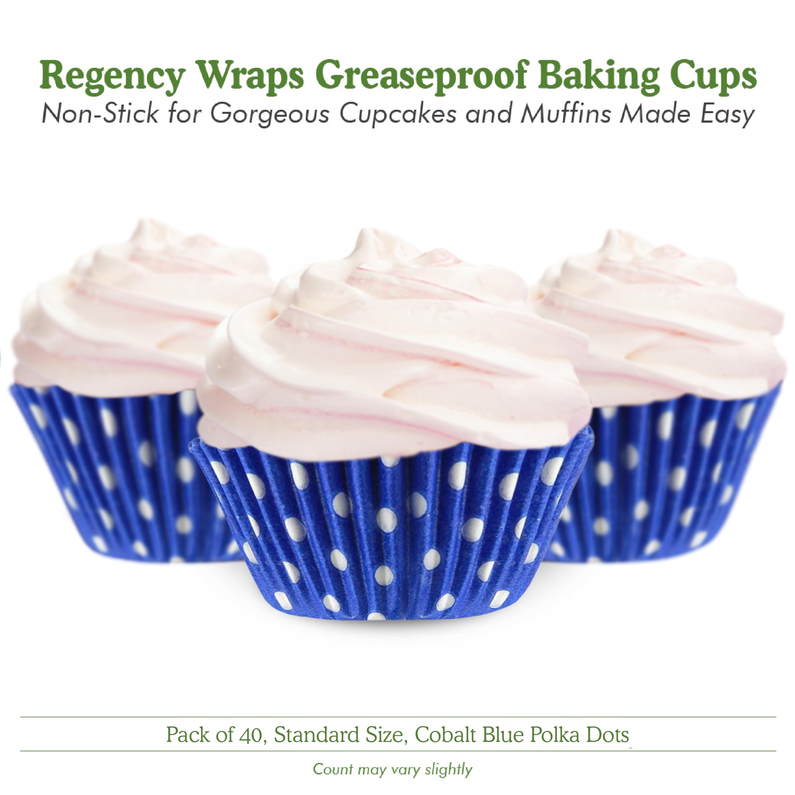Regency Wraps Professional Greaseproof Baking Cups - 40 Pack Standard Cupcake Liners, Non-Stick Muffin & Candy Wrappers, Cobalt Blue Polka Dot Design - Perfect for Baking, Party Decorations & Gift Packaging