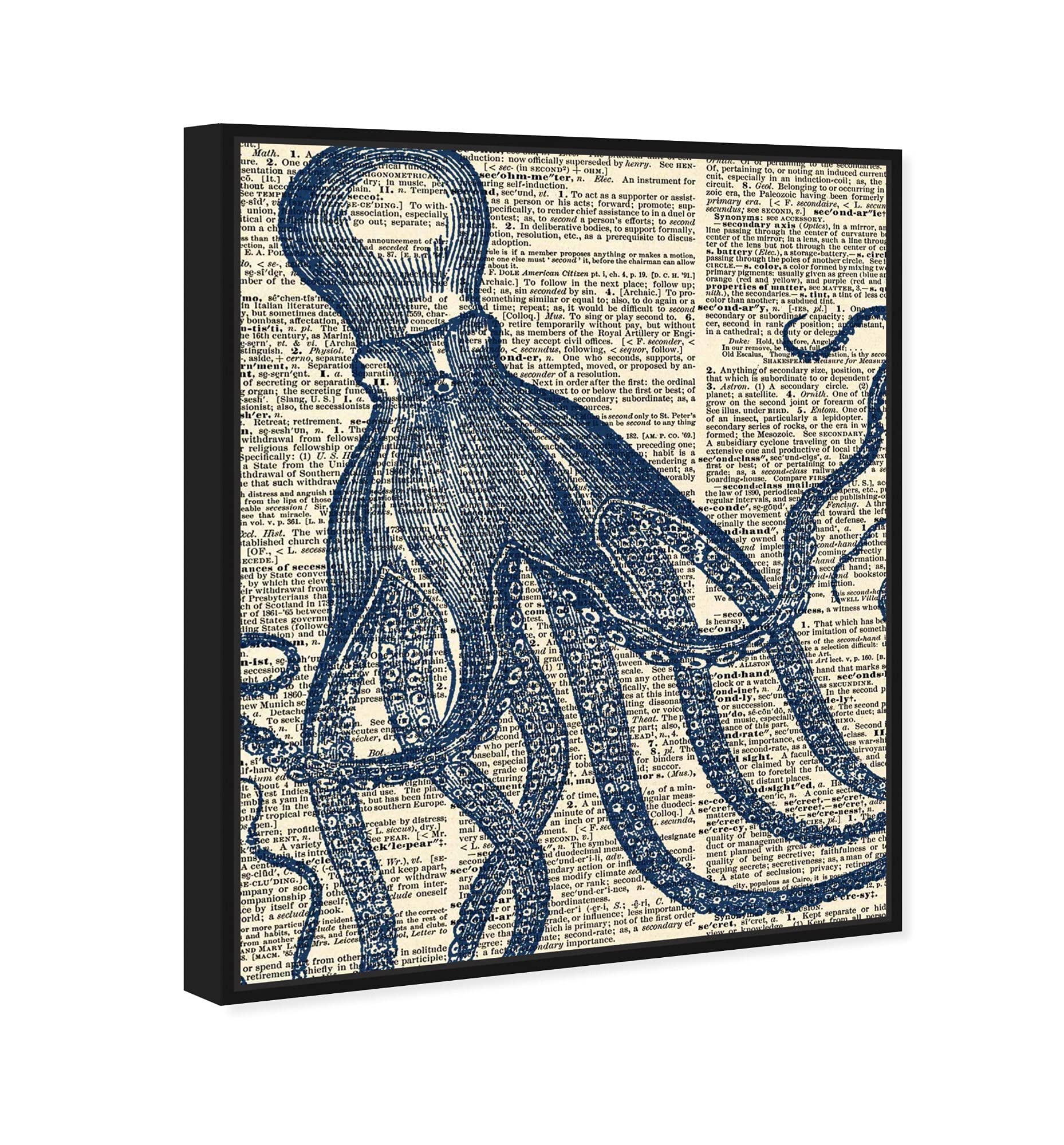 Nautical Coastal Wall Art Canvas Print - Marine Life Octopus Dictionary Home Decor - 24x30 Inches Black Floating Frame - Perfect for Beach House, Living Room & Office Decor