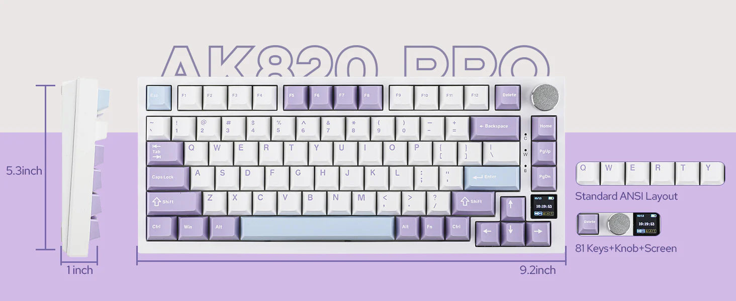 Ajazz AK820Pro Purple RGB Mechanical Keyboard with Flyfish Switches - Perfect for Gaming, Typing & Office Work