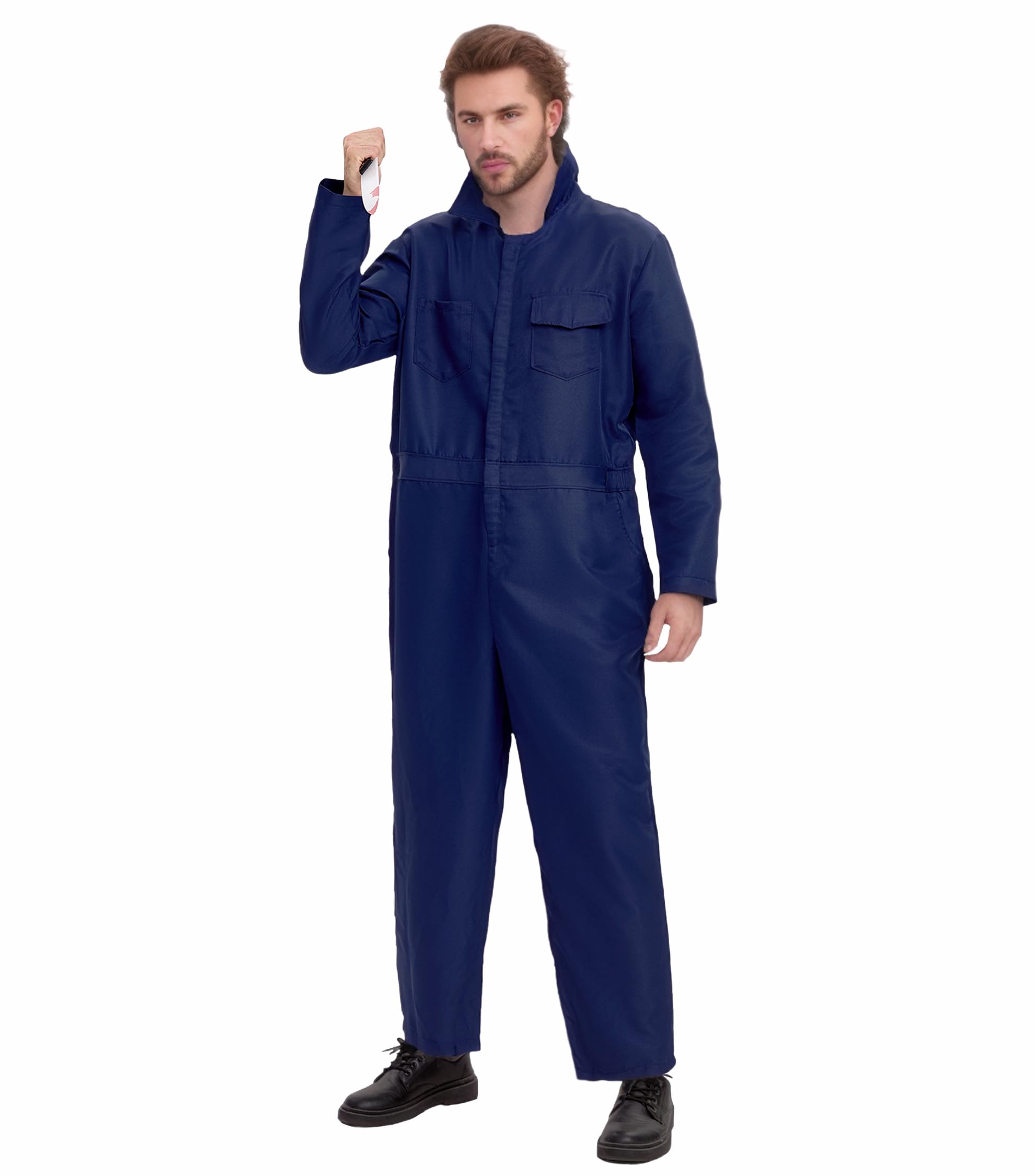 Navy Blue Coveralls Jumpsuit - Horror Killer Halloween Cosplay Costume for Men with Mask & Toy Knife | Scary Movie Character Outfit, Halloween Party Costume, Cosplay Convention Attire