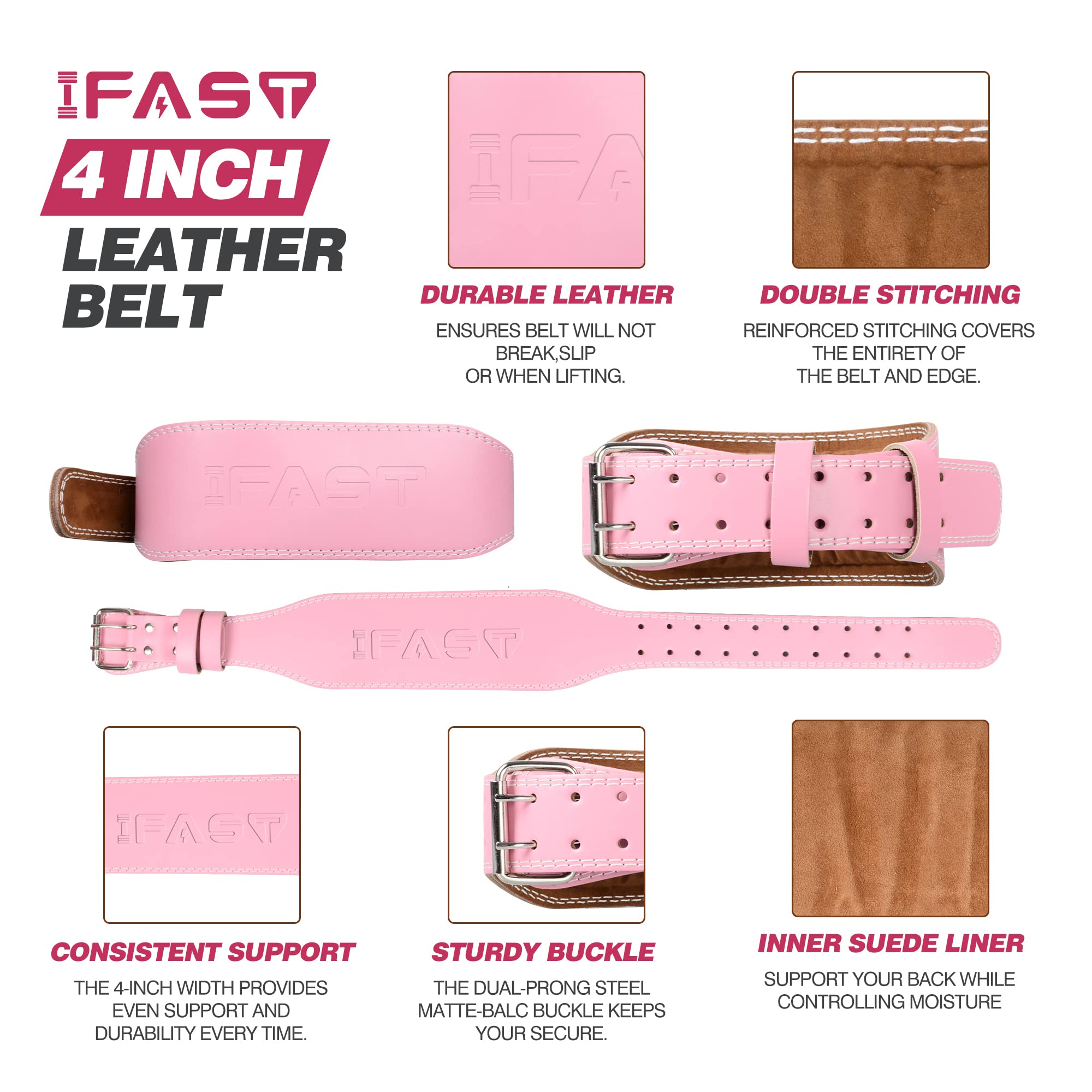IFAST Leather Weight Lifting Belt for Men & Women - 4 Inch Padded Lumbar Support for Weightlifting, Deadlifts, CrossFit, Powerlifting & Squats - Ideal for Gym Workouts, Strength Training & Fitness Exercises