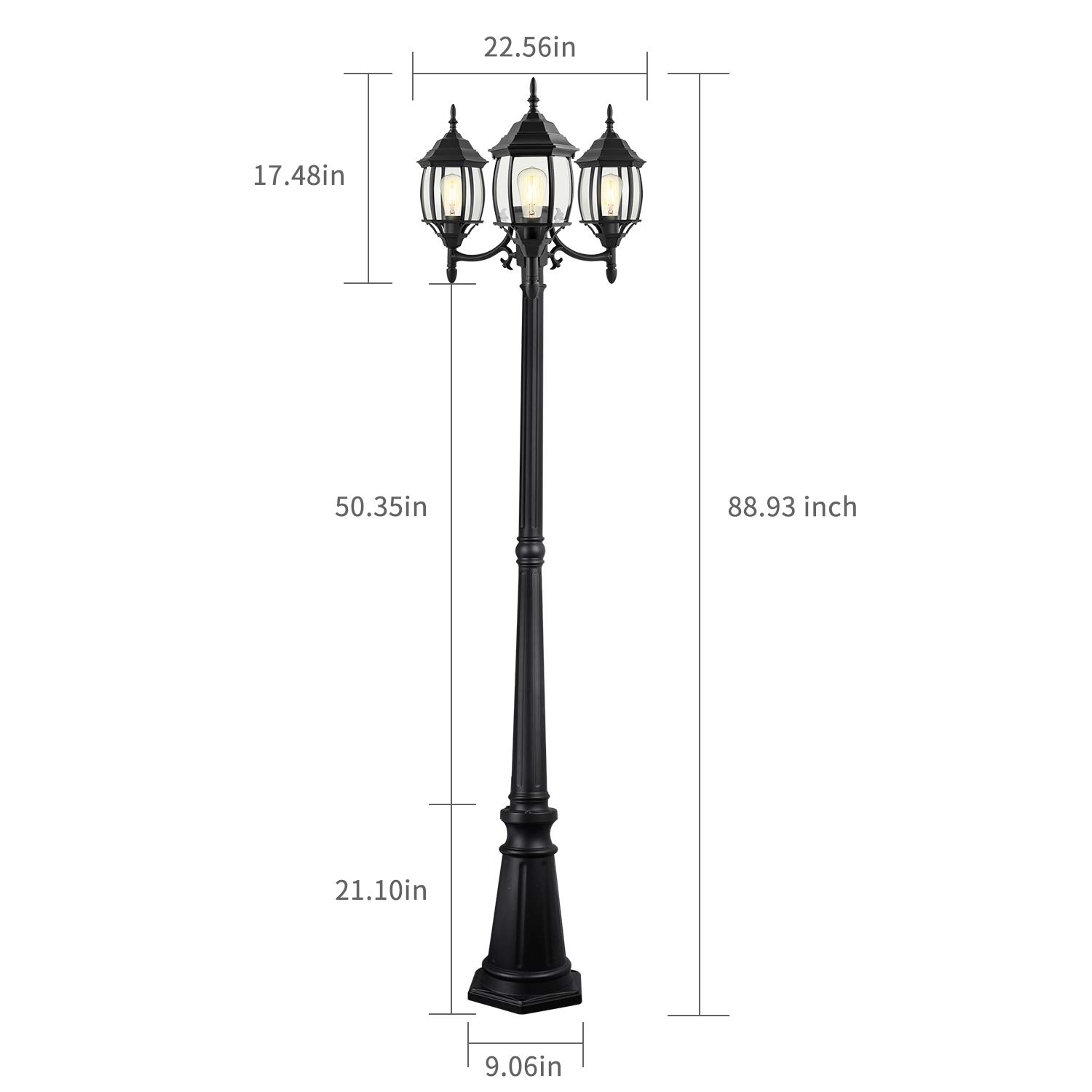 PARTPHONER 3-Head Outdoor Lamp Post Light - Classic Black with Clear Glass Panels, E26 Base (100W Max) - Includes 3 LED Bulbs - Waterproof Street Light for Backyard, Garden, Driveway - Perfect for Pathway Lighting, Porch Illumination & Landscape Accent