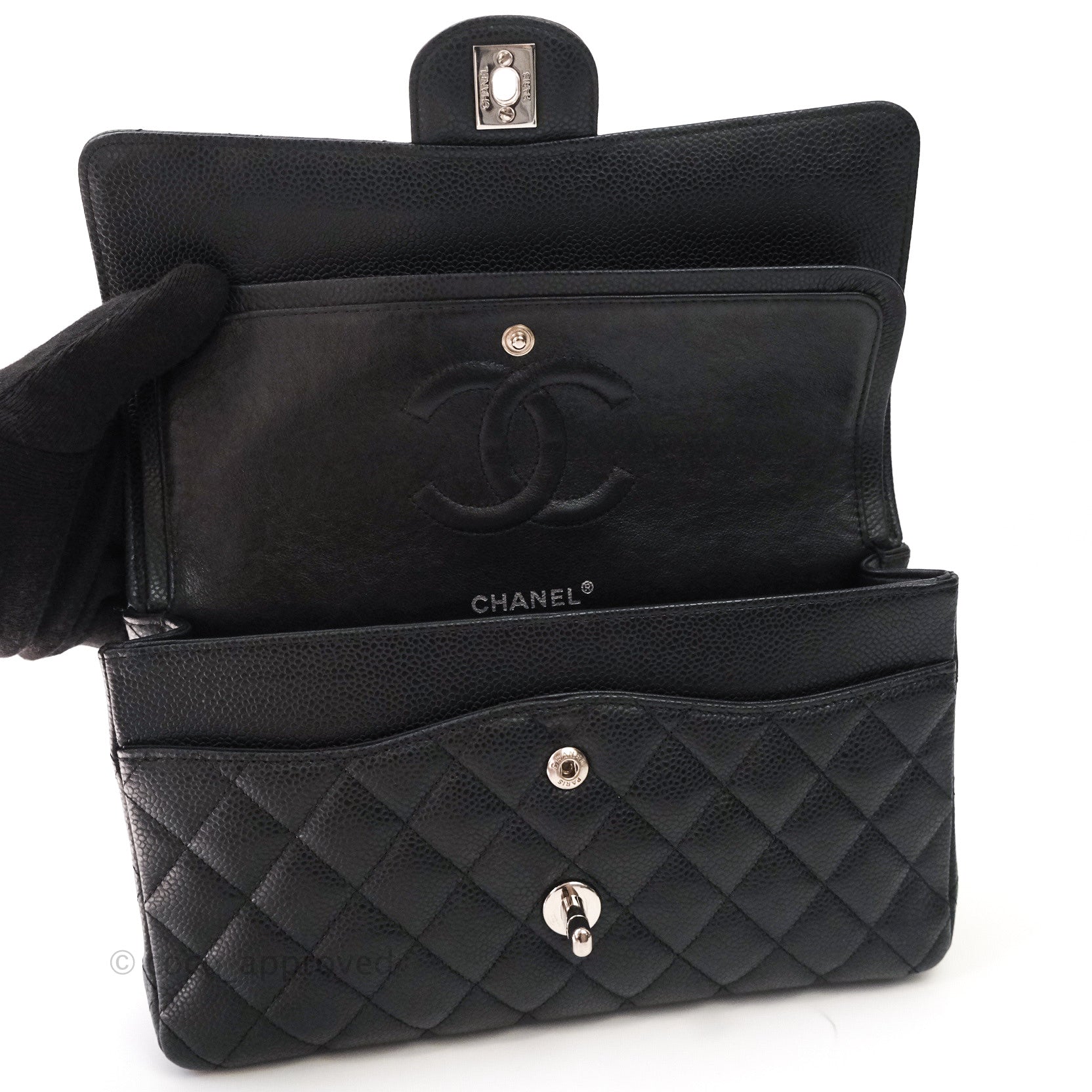 Chanel Classic M/L Medium Double Flap Bag Black Caviar Leather with Silver Hardware - Luxury Handbag for Women, Perfect for Work, Evening Events & Special Occasions