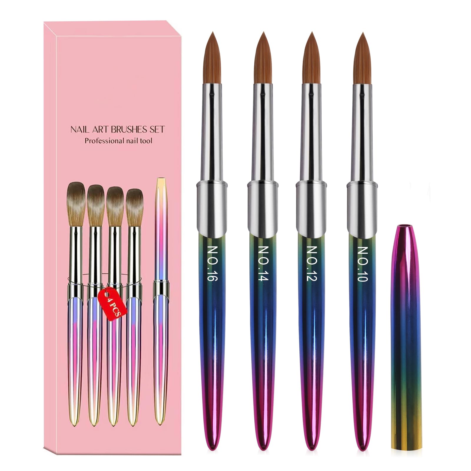 Professional Acrylic Nail Brush Set - 4PCS Kolinsky Nail Brushes Size 10/12/14/16 for Acrylic Powder Application, Nail Extensions & 3D Carving | Perfect for Salon, Home Manicure & Nail Art Design
