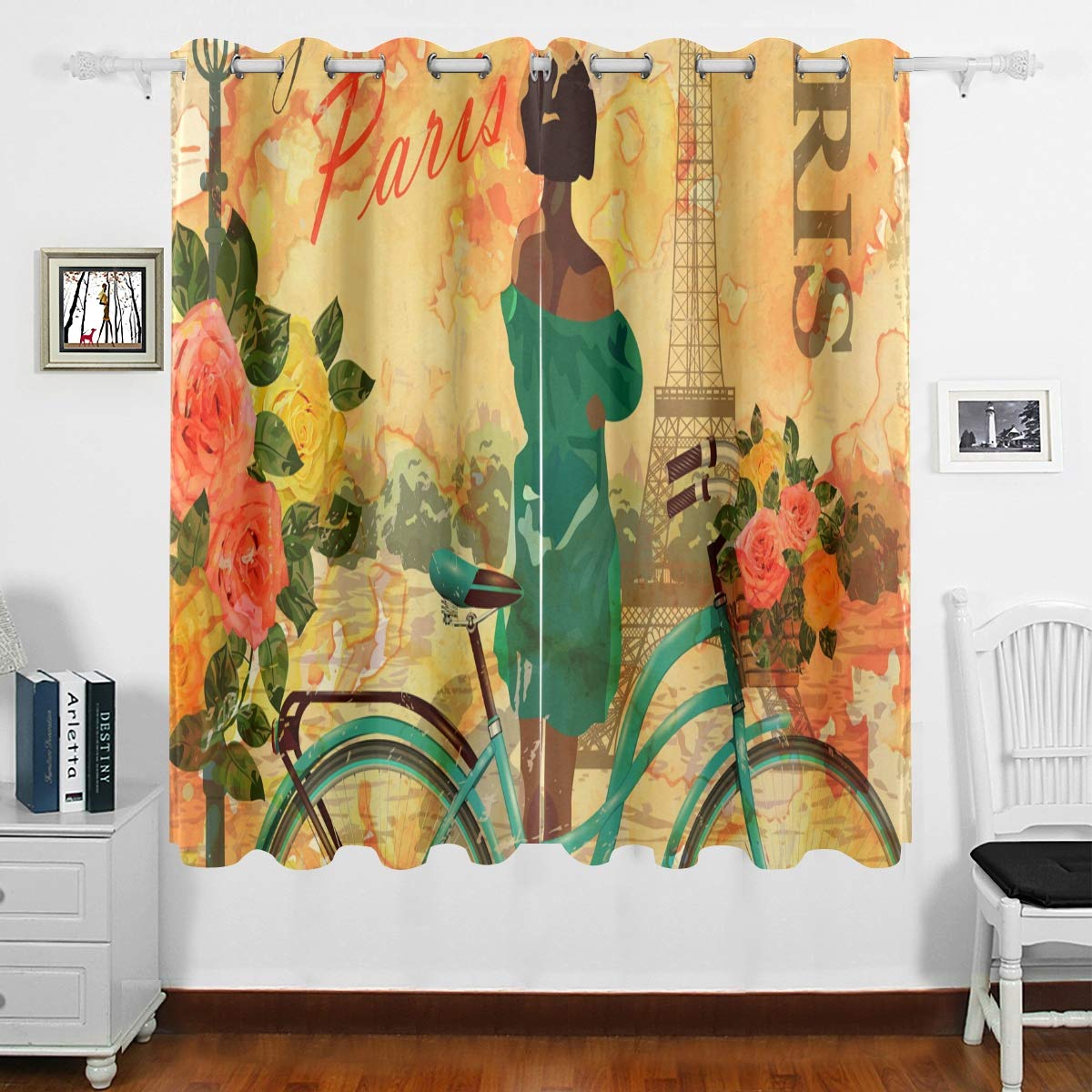 DOMIKING Blackout Curtain Panels - Vintage Paris Bicycle Design Thermal Insulated Grommet Drapes for Bedroom & Living Room (63x55 Inch) | Light Blocking, Noise Reducing & Energy Saving Window Treatments for Home Decor