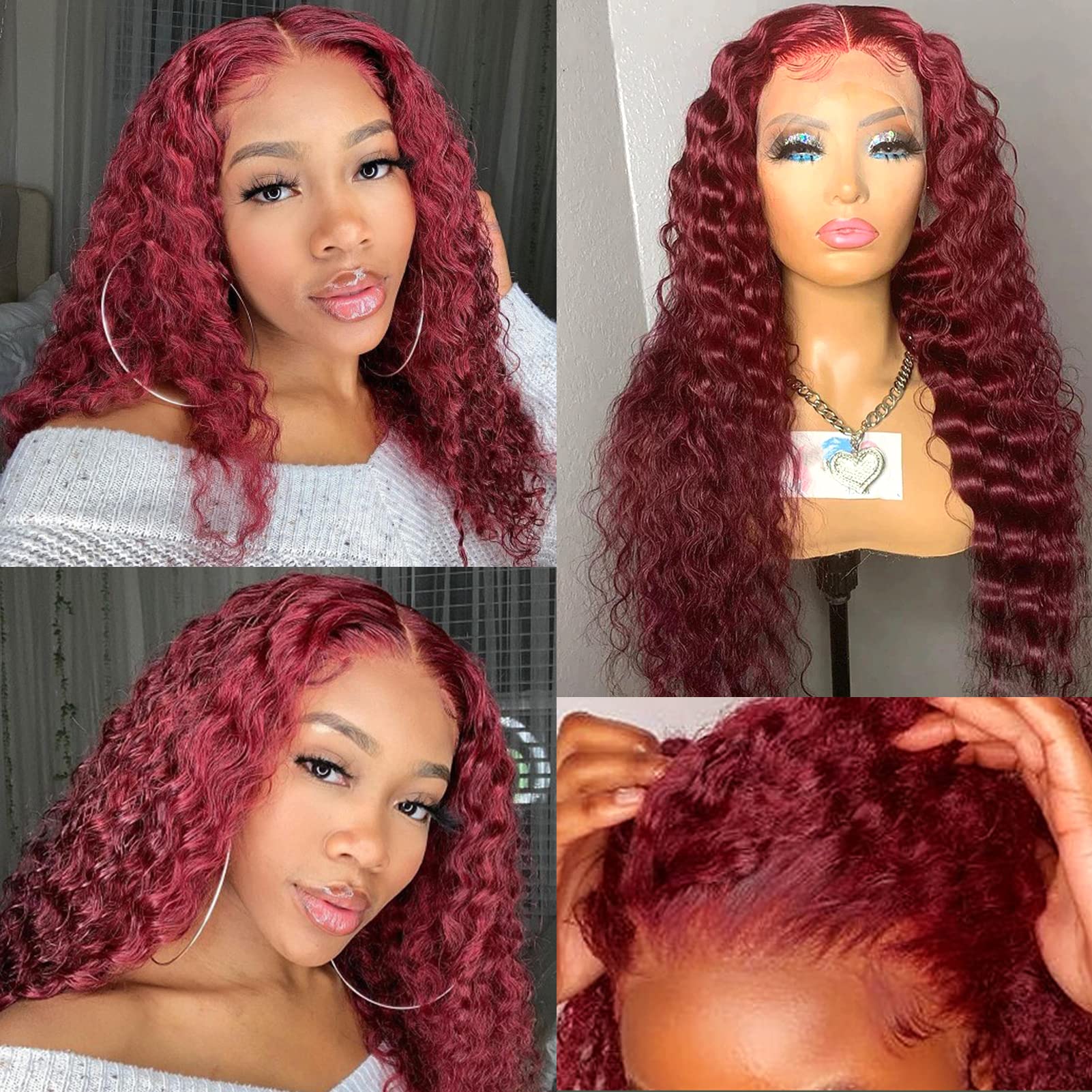 9A Brazilian Human Hair Lace Front Wig - 14Inch Deep Wavy 150% Density Burgundy Curly Wig with 13x6x1 Pre-Plucked Hairline & Bleached Knots for Black Women | Perfect for Daily Wear, Special Occasions & Protective Styling
