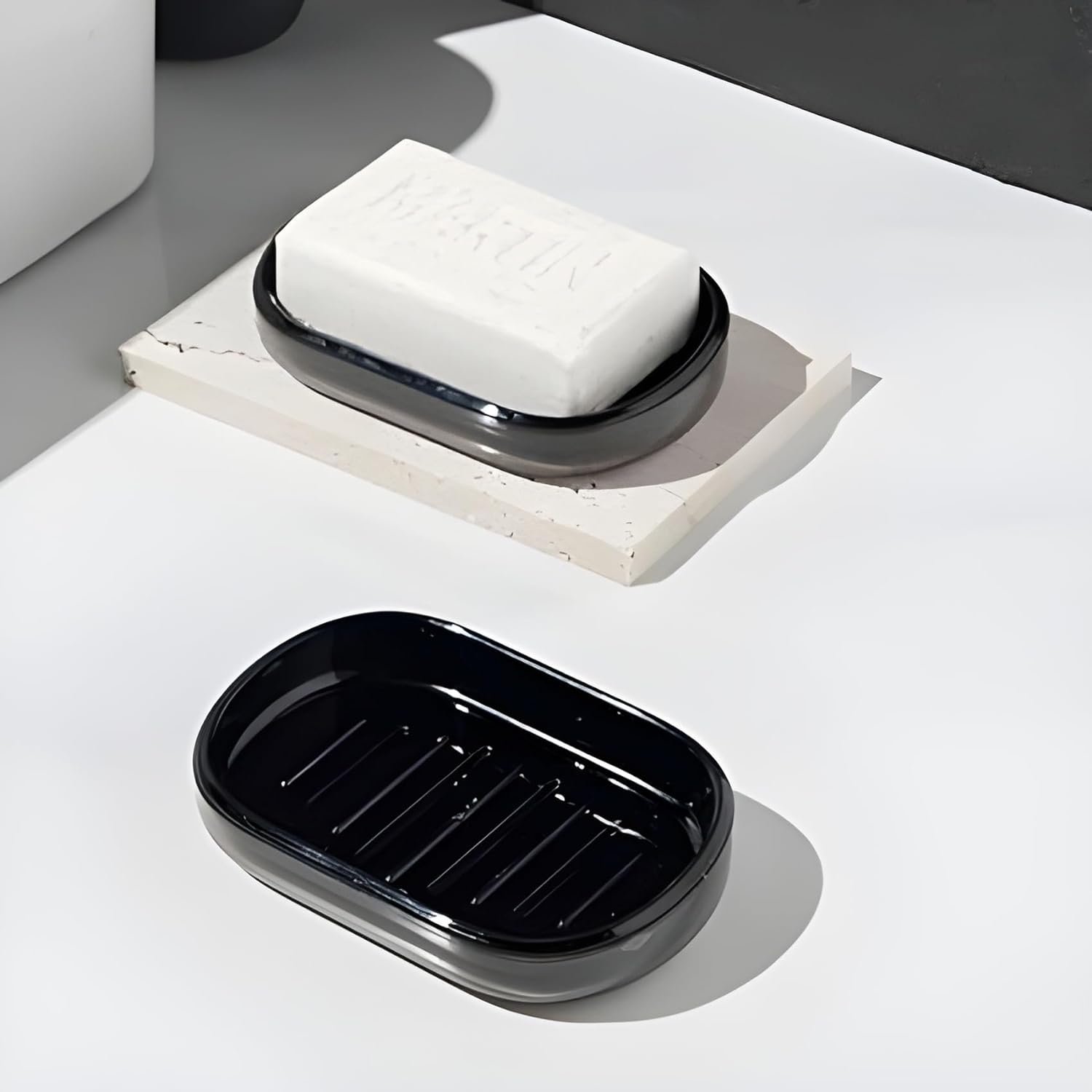 Boniry 2-Pack Heavy Duty Plastic Soap Holder with Drain Holes - Self Draining Soap Dish for Bathroom, Kitchen & Sink - Black Soap Case for Shower, Vanity & Countertop Organization