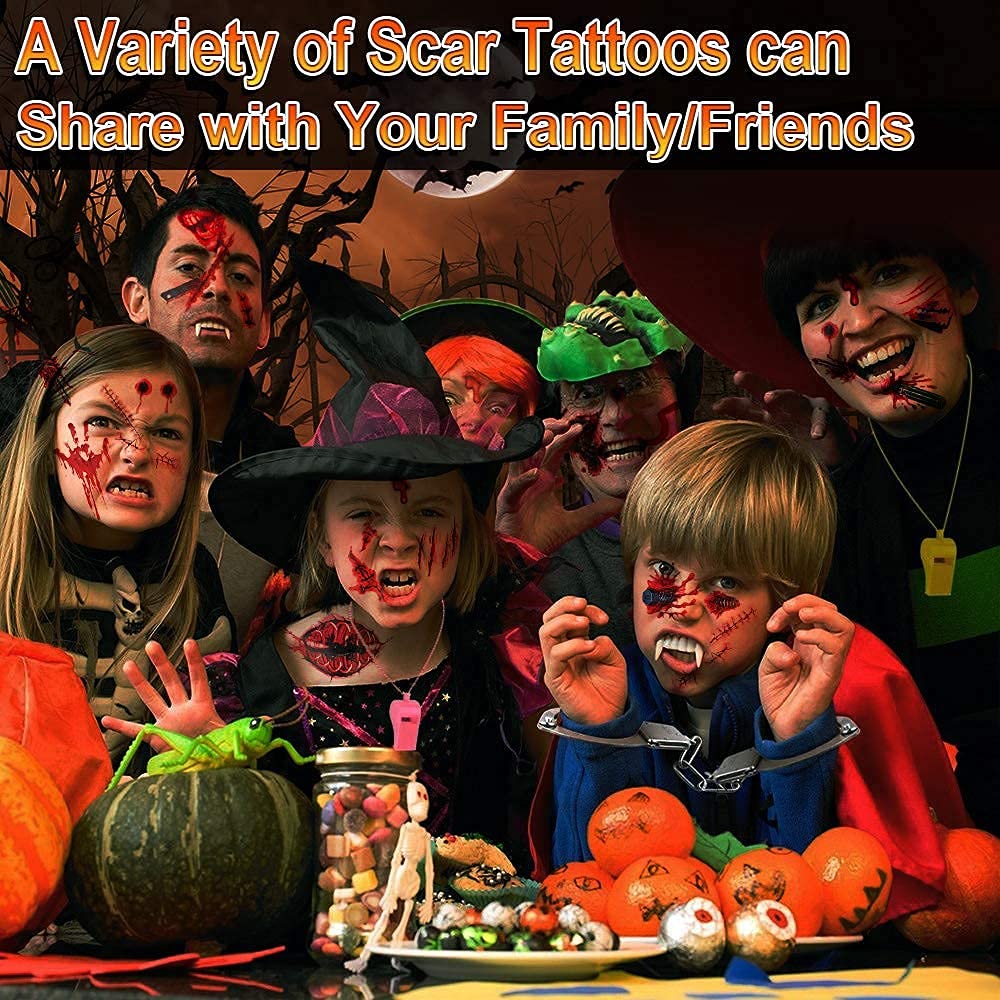 11-Piece Halloween Makeup Kit with Zombie, Vampire & Fake Blood - 61 Realistic Scars, Cuts & Tattoos for Cosplay, Horror Parties & Halloween Costume Contests