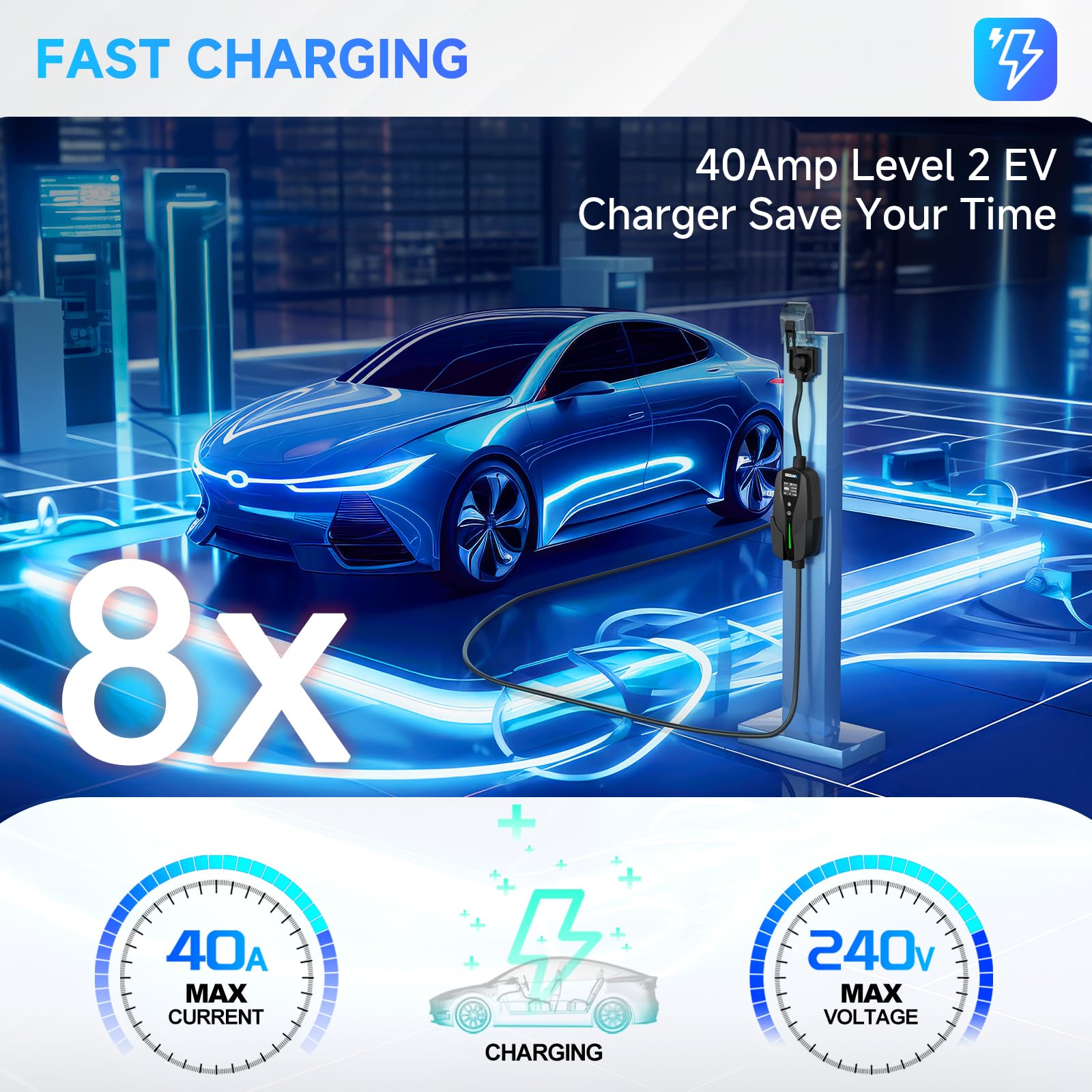 40Amp Level 2 EV Charger - 240V 9.6kW Portable Electric Car Charger with 25FT Cable & NEMA 14-50 Plug | Adjustable Current & Timing Delay | J1772 Compatible for BEVs/PHEVs | Perfect for Home & Road Trip Charging