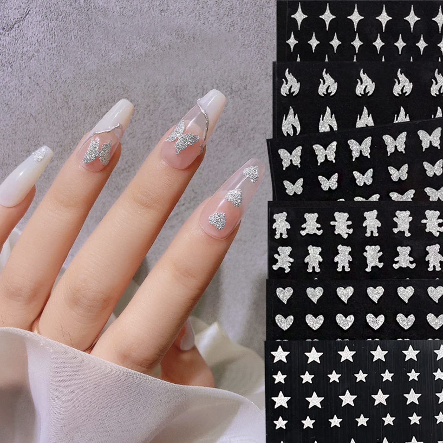 6 Sheets Silver Glitter Love Heart Flame Nail Art Stickers - 3D Self-Adhesive Nail Decals with Stars, Butterfly & Bear Patterns for DIY Nail Decoration - Perfect for Parties, Weddings, and Special Occasions