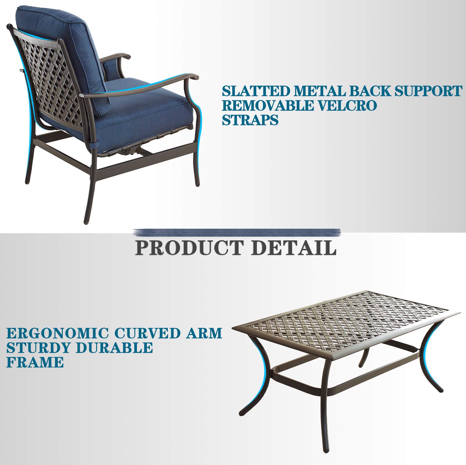 4-Piece Patio Conversation Set with Metal Armchairs, 3-Seater Sofa & Coffee Table - Outdoor Furniture for Deck, Garden, Backyard (Blue) | Perfect for Relaxing, Entertaining & Outdoor Dining