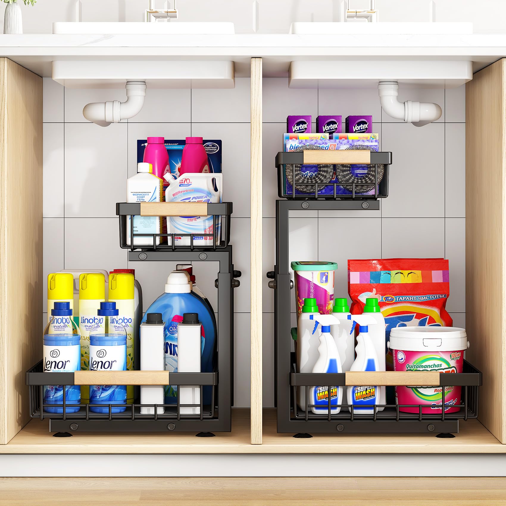 PXRACK 2-Pack Under Sink Organizer - Adjustable Height 2-Tier Pull Out Cabinet Shelf with Thickened Metal Frame | Slide Out Storage for Kitchen, Bathroom & Laundry Cabinets | Perfect for Pots, Pans & Cleaning Supplies Organization