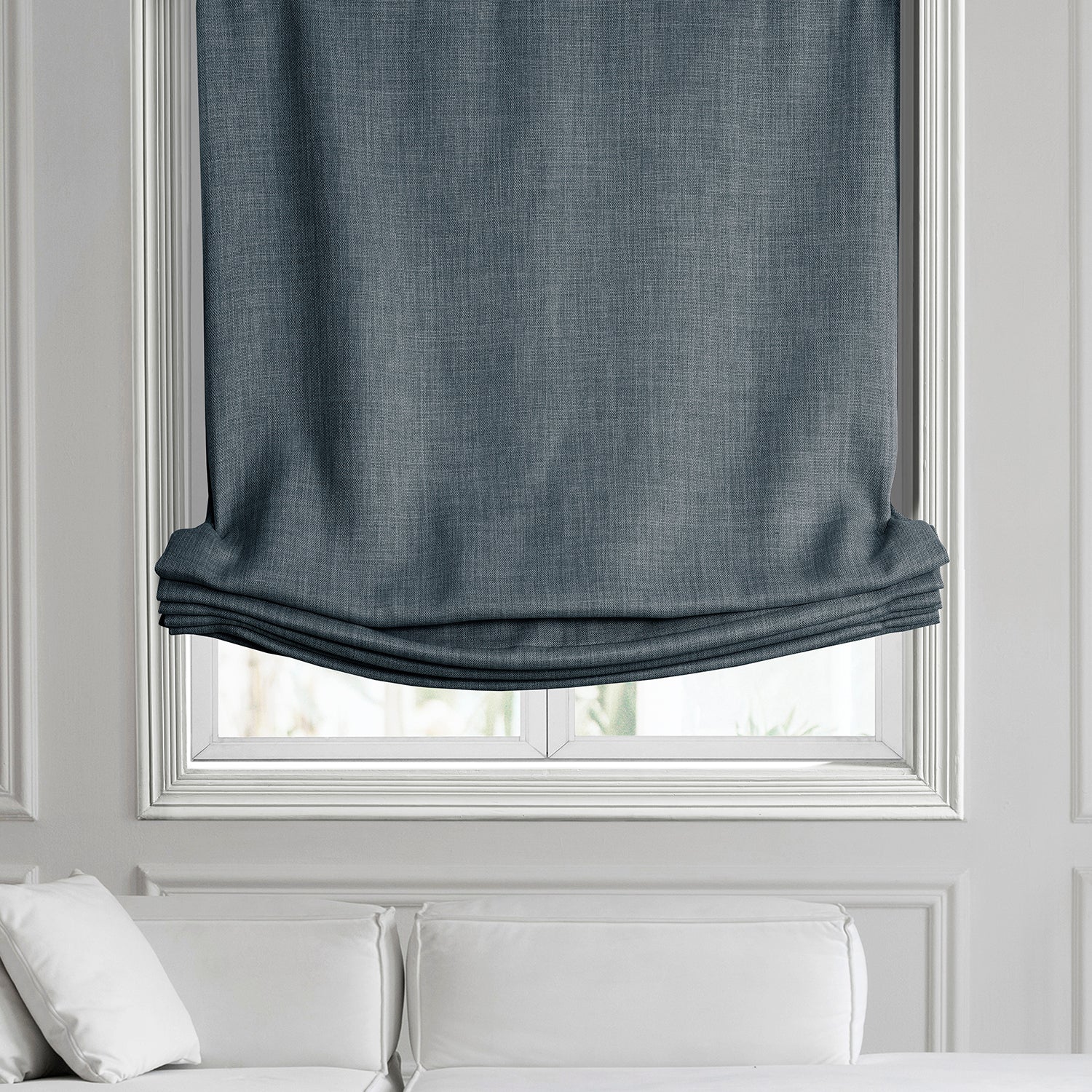 Reverie Blue Textured Faux Linen Roman Shade - Elegant Window Treatment for Living Room, Bedroom & Home Office