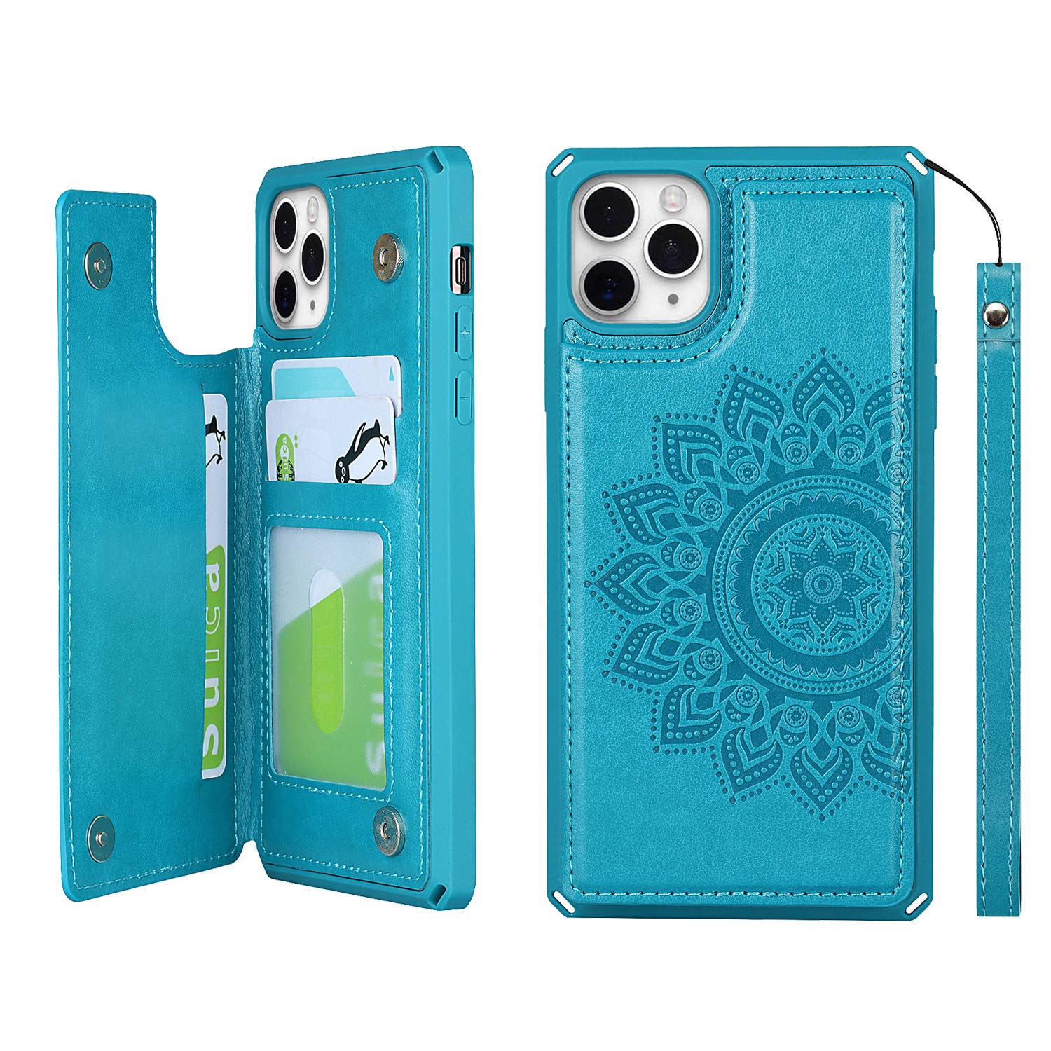 Premium PU Leather Mandala Flower Embossed iPhone 11 Pro Max Wallet Case with Card Holder - Shockproof Protective Phone Cover for Women & Men (Blue) - Perfect for Daily Use, Travel, and Business Meetings
