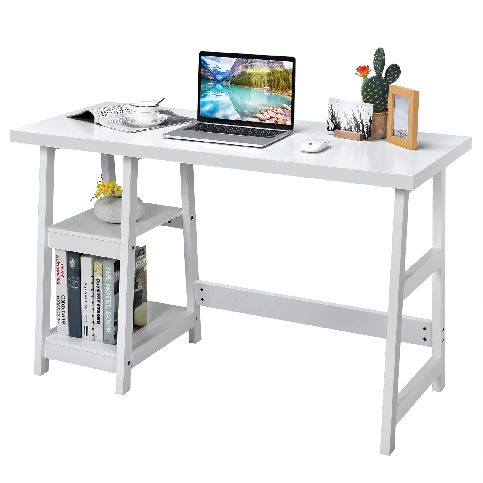 Onnertune 47.5 Inch Modern Trestle Computer Desk - Sturdy L-Shaped Gaming Desk with 2-Tier Reversible Storage Shelves, Space-Saving Home Office Desk for Work, Study & Writing | Perfect for Small Spaces & Gaming Setups (White)