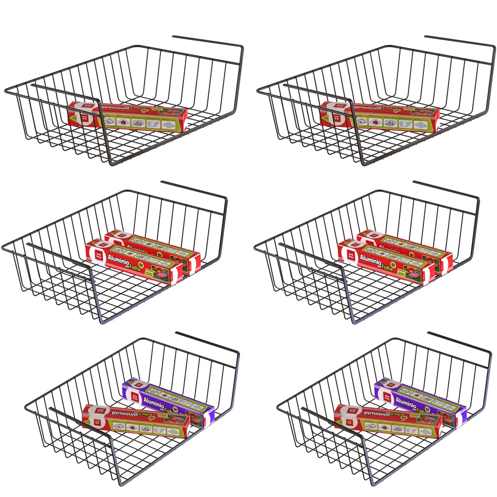 iSPECLE 6 Pack Under Shelf Baskets - Black Metal Under Cabinet Organizer for Kitchen, Pantry & Cupboards | Easy Install Space Saving Storage Solution | Perfect for Spices, Utensils & Small Kitchen Items