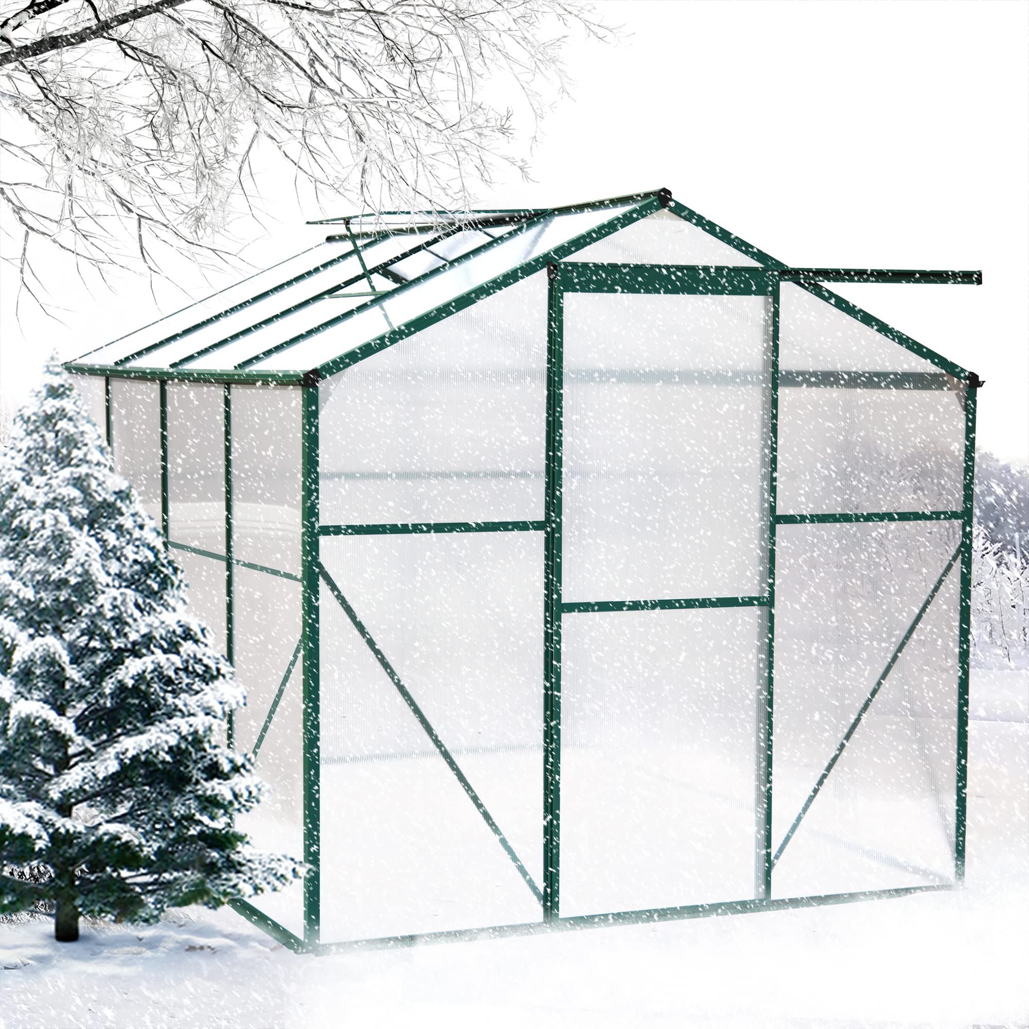 **6x6ft Walk-in Polycarbonate Greenhouse with Adjustable Roof Vent & Rain Gutter - Outdoor Plant Greenhouse for Winter Flowers, Vegetables & Seedlings - Perfect for Backyard Gardening & All-Season Plant Protection**