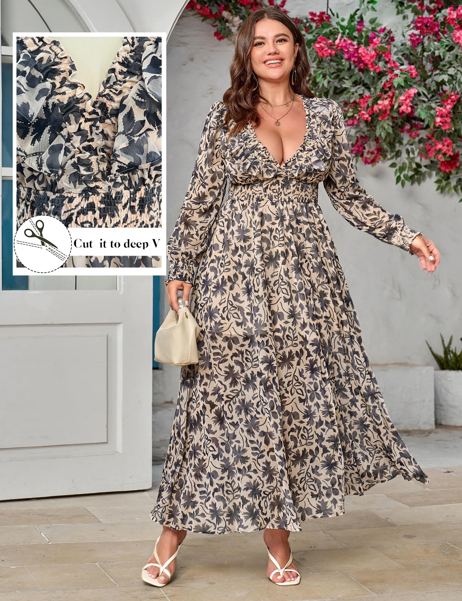 Elegant Floral Chiffon Dresses for Women - V-Neck Long Sleeve Evening Gown for Wedding Guest, Party & Special Occasions | Perfect for Cocktail Parties, Bridal Showers & Formal Events