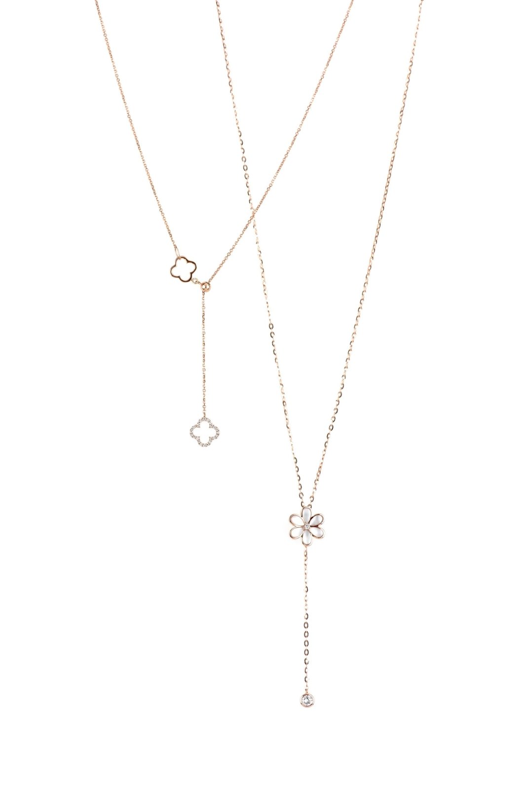 14k Rose Gold Mother of Pearl Flower & Diamond Drop Lariat Necklace - Elegant Bridal Jewelry for Weddings, Anniversaries & Special Occasions