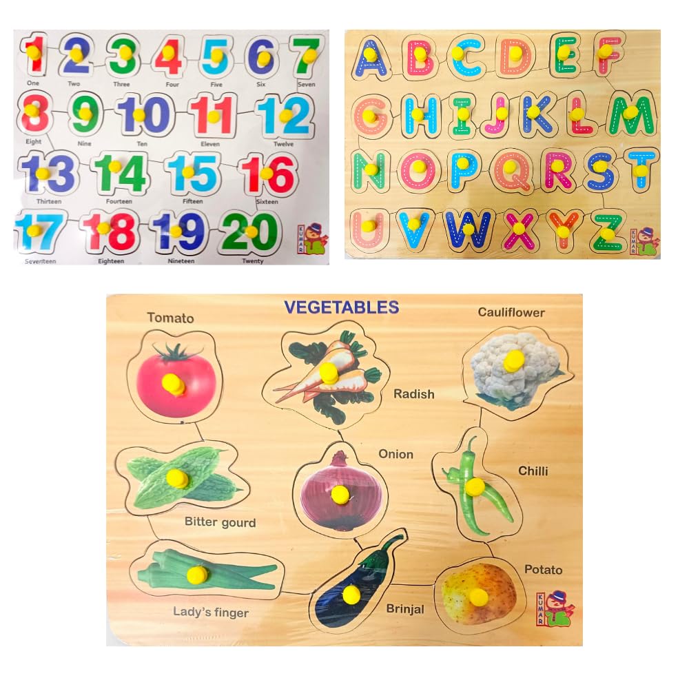 3-Piece Wooden Learning Puzzle Set for Kids & Adults - Number 1-20, ABCD Alphabet, Vegetables - Educational Toys for Toddlers 3+ and Family Fun Learning Activities