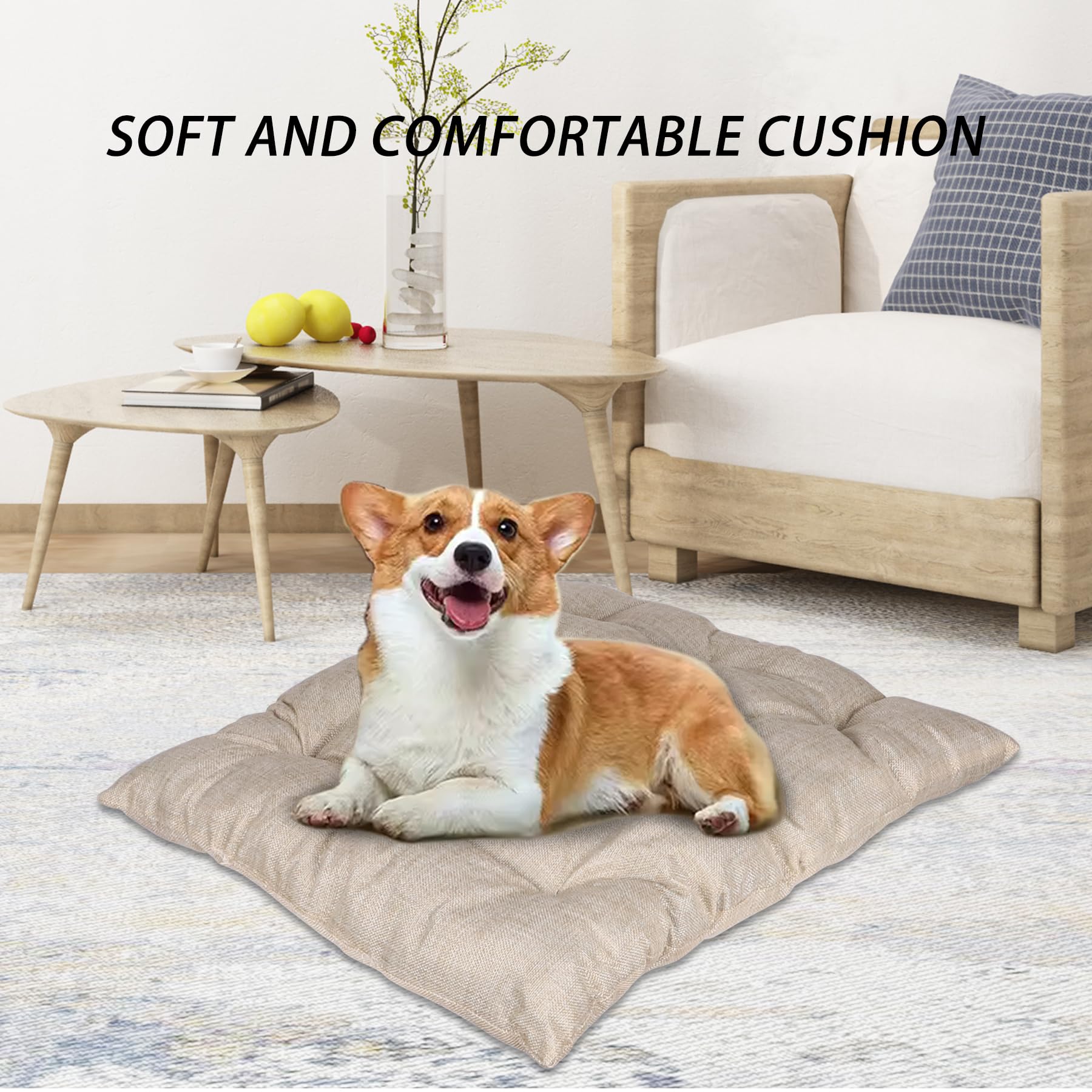 Wooden Frame Dog House for Small Dogs & Cats - Indoor Pet House with Soft Fabric Cushion (Beige) | Perfect for Living Room, Bedroom & Patio Use