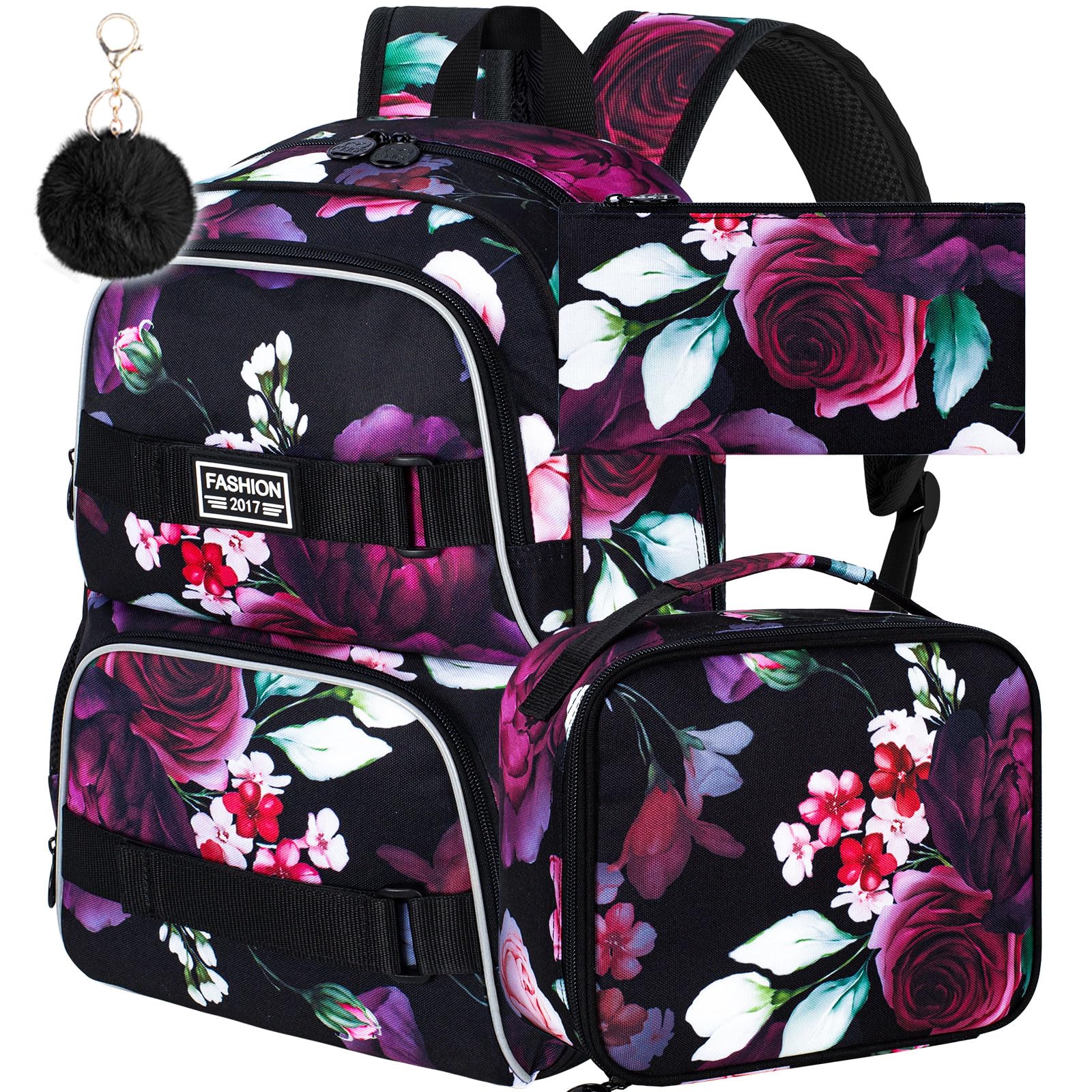 17 Inch Waterproof Laptop Backpack for Women & Girls - 3 Piece Set with Rose Design School Backpack, Lunch Bag & Bookbag - Perfect for College, High School Students & Teen Girls (Black) - Ideal for School, Travel & Daily Commute