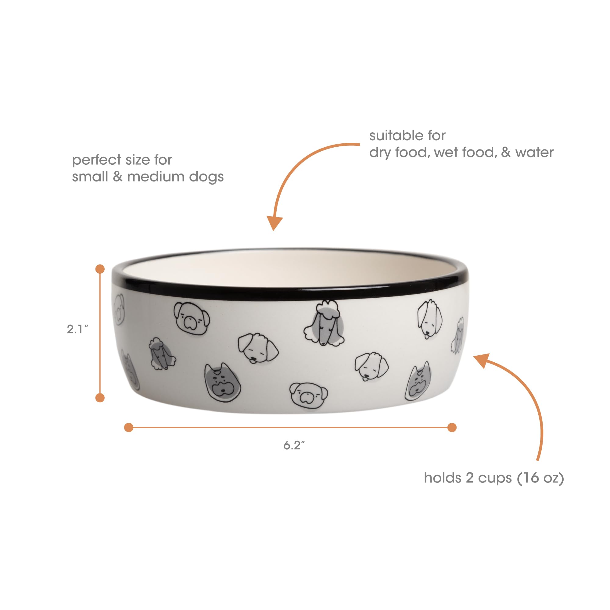 Pearhead Gray Dog Faces Pattern Ceramic Dog Bowl - 2 Cup Capacity Medium Pet Food & Water Dish - Microwave & Dishwasher Safe - Perfect for Indoor & Outdoor Feeding