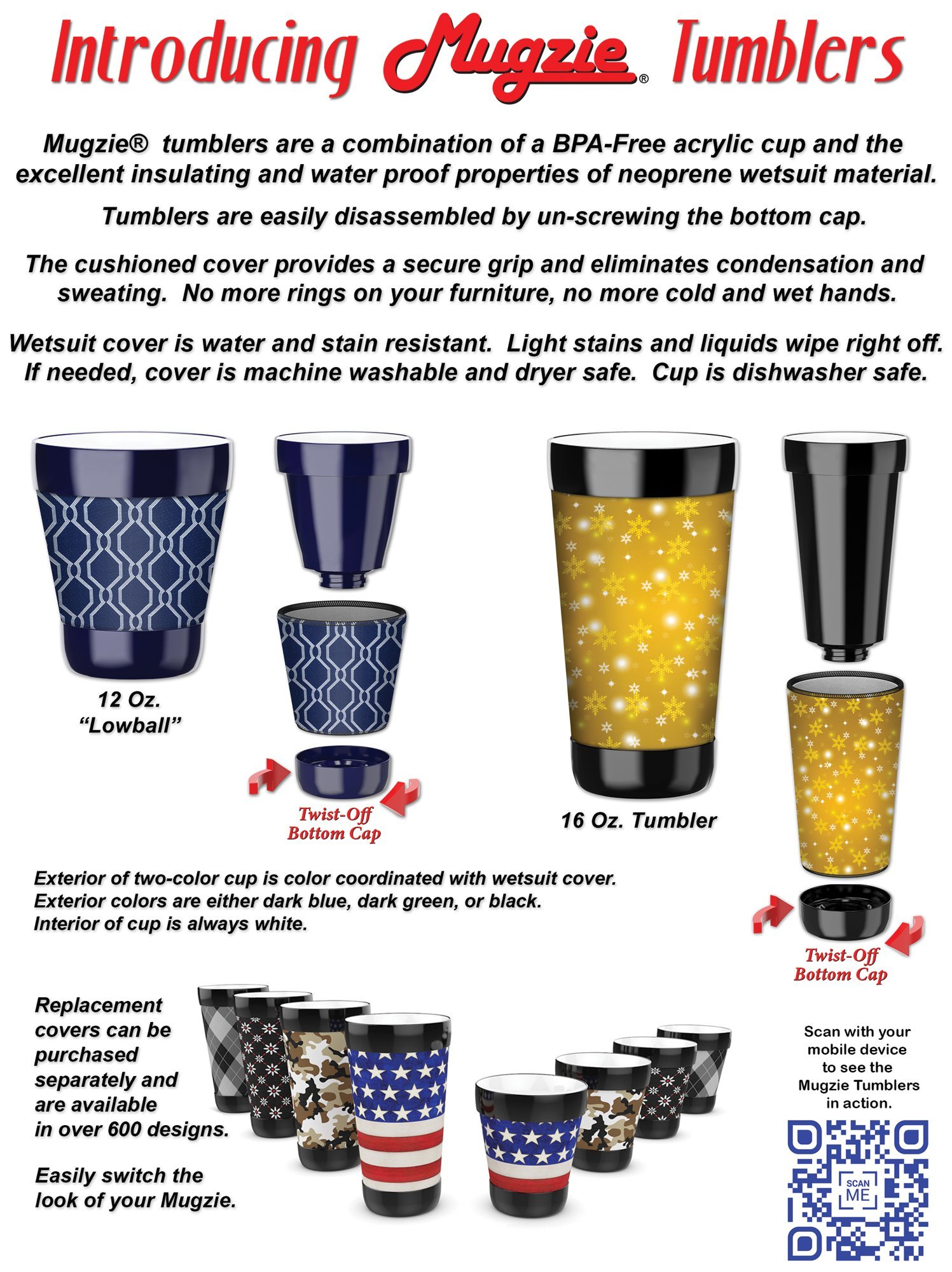 Mugzie 16oz Insulated Tumbler with Removable Wetsuit Cover - Leakproof Stainless Steel Travel Mug for Hot & Cold Drinks - Perfect for Coffee, Tea, and Smoothies at Home, Office or Gym