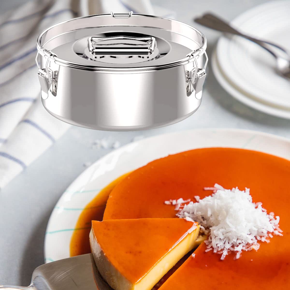 Premium 1.5 qt Flan Mold Pan with Lid (7.62 x 2.92 inches) - Professional Flan Maker for Perfect Custard & Crème Caramel - Ideal for Bain-Marie, Steaming Bao Buns & Home Baking
