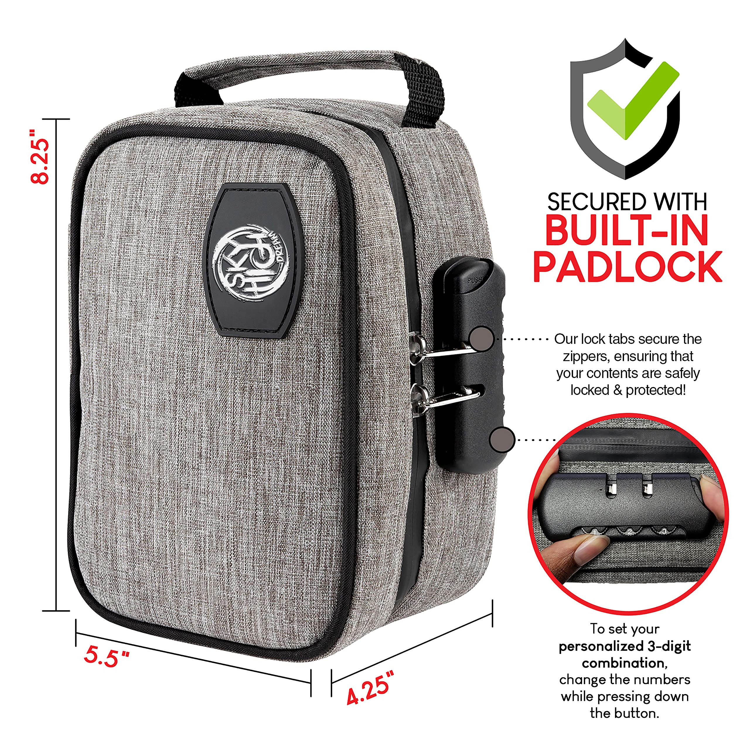 Smell Proof Storage Pouch - Odor Resistant Polyester Container with Secure 3-Digit Combination Lock & Padded Handle - Portable Travel Bag for Cannabis, Medicine, Valuables - Perfect for Hiking, Camping & Air Travel