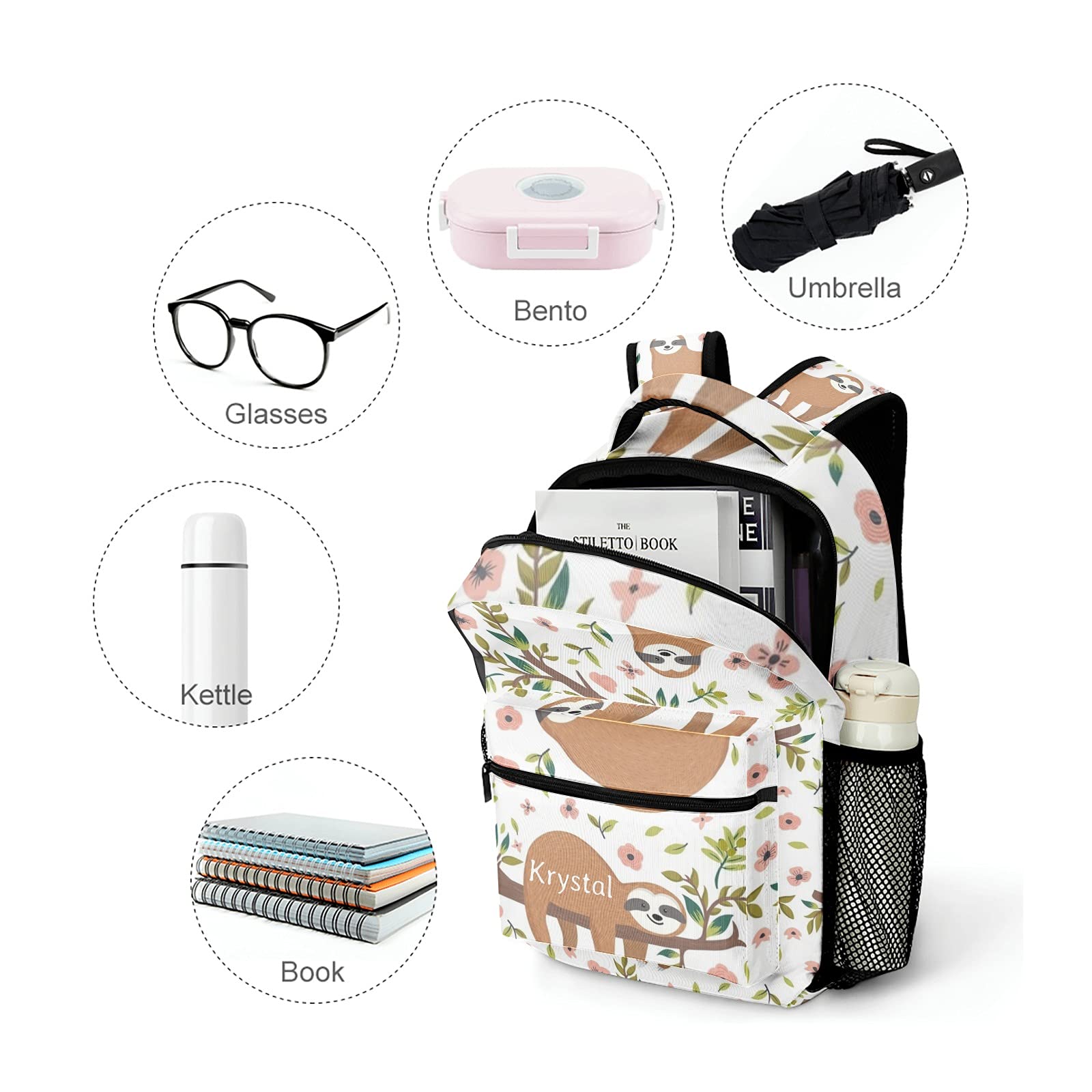Personalized Name Sloth Tree Floral Backpack - Waterproof Travel Bag for Men & Women | Perfect for Hiking, Camping & Daily Commute