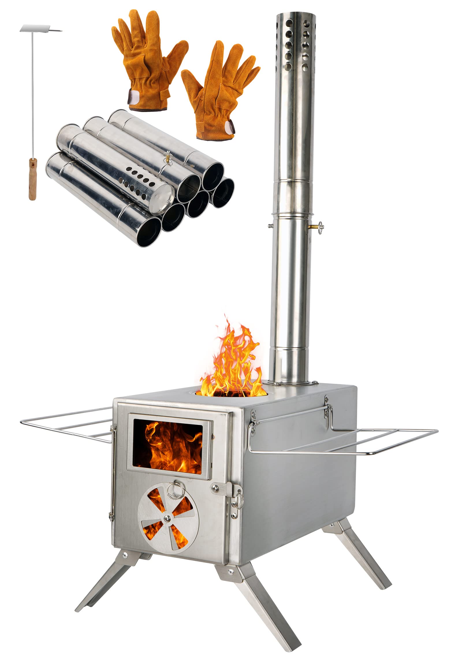 304 Stainless Steel Wood Burning Tent Stove with 7-Piece Chimney Pipe - Portable Camping Stove for Ice Fishing, Hunting, Hiking | Perfect for Winter Camping, Backpacking & Outdoor Adventures (Silver)