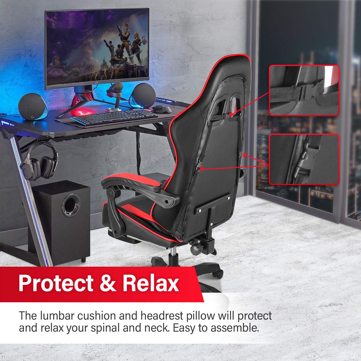 Ergonomic Gaming Chair with Adjustable Height & Lumbar Support for Office & Racing